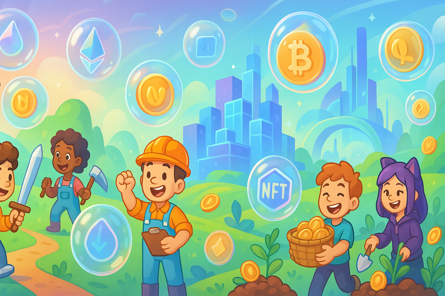 A panoramic glassmorphism and cartoon illustration of a vibrant, futuristic P2E landscape. Diverse cartoon characters are happily engaging in various P2E activities – fighting mythical creatures, building digital structures, harvesting resources, all while glowing crypto symbols and NFTs float around them. The scene conveys excitement, potential, and a bright future for P2E gaming.