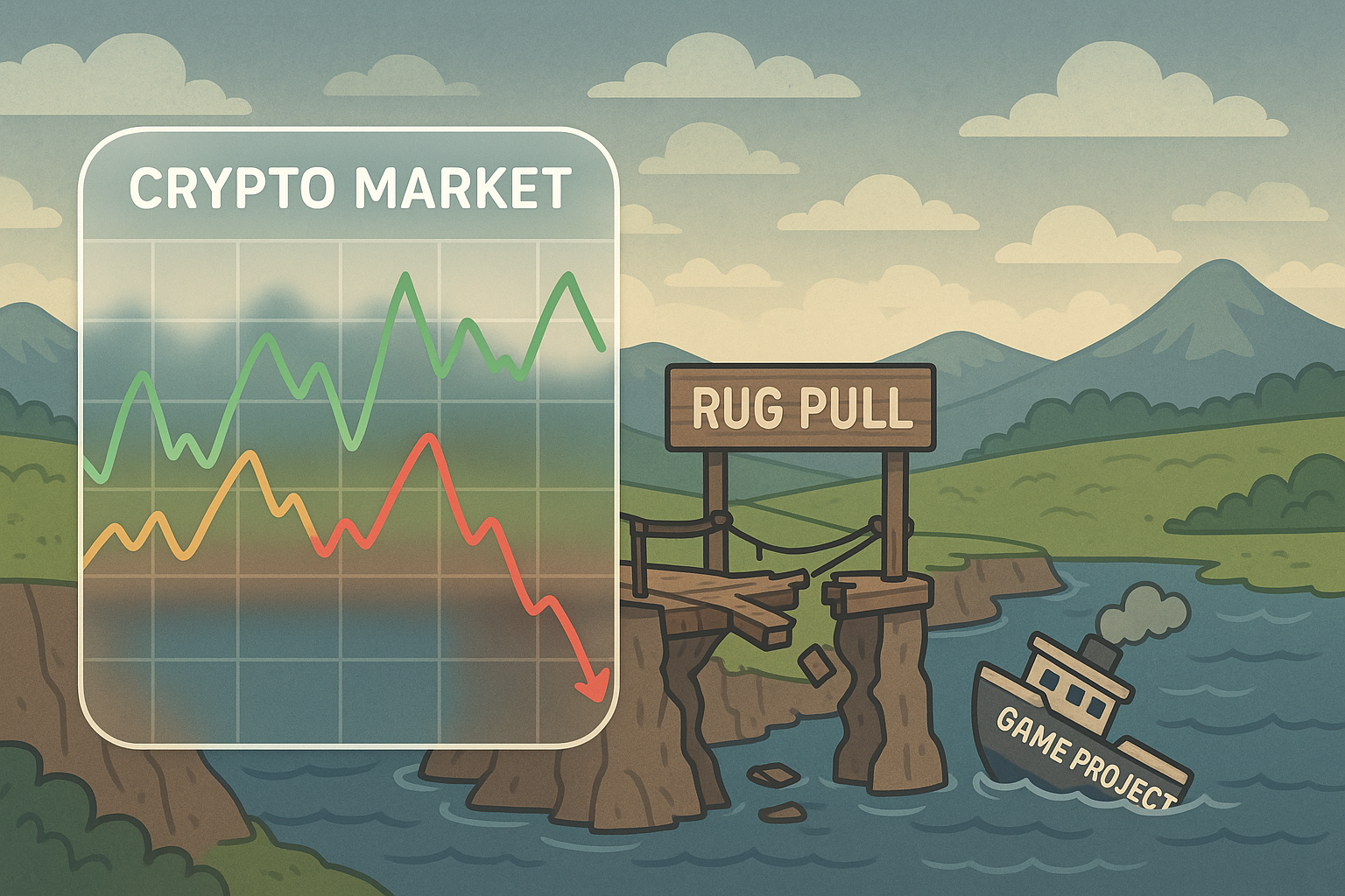 A metaphorical cartoon landscape showing a stormy crypto market with volatile price charts in glassmorphism, adjacent to a broken bridge labeled 'Rug Pull' and a sinking ship representing an unsustainable game. Landscape format.
