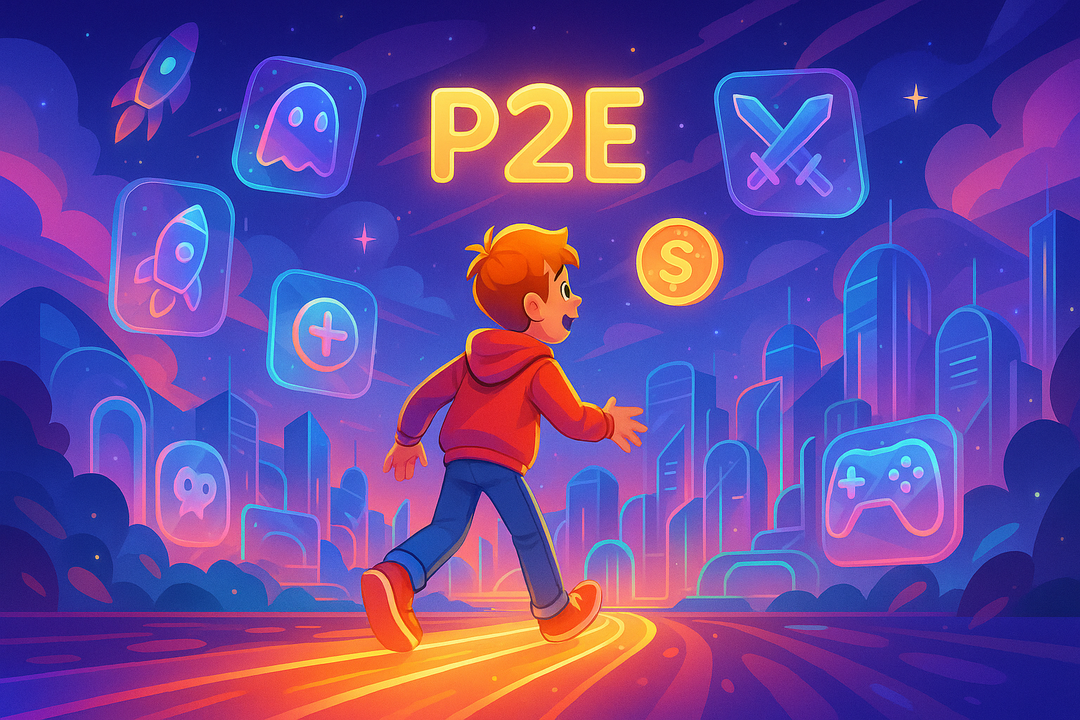 A new gamer, looking excited yet slightly overwhelmed, stepping into a vibrant, futuristic Play-to-Earn (P2E) metaverse filled with floating game icons and digital currency symbols.