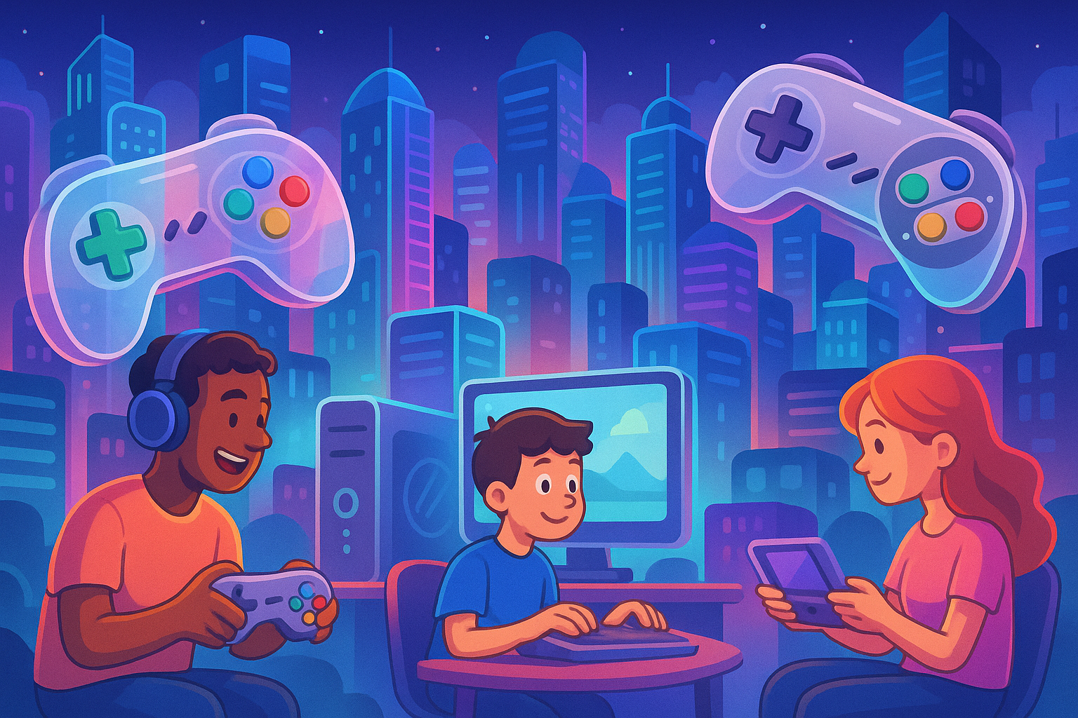 A vibrant cartoon illustration of traditional gaming, showing players immersed in various console and PC games in a futuristic setting.