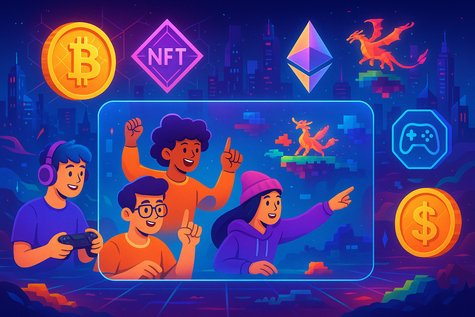 A vibrant, futuristic digital landscape illustrating various elements of crypto gaming like NFTs as floating icons, cryptocurrencies represented by glowing coins, and a diverse group of cartoon-style gamers interacting within a glassmorphism interface.