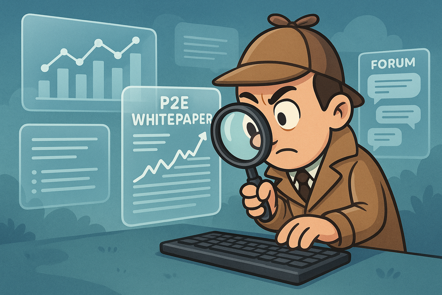 A diligent gamer character, wearing a detective hat, meticulously examining multiple holographic screens displaying data, charts, and whitepapers related to various P2E games, with a magnifying glass in hand.