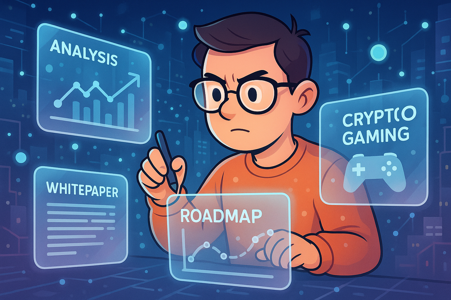 A cartoon-style person with a magnifying glass meticulously researching crypto gaming projects on multiple glassmorphism screens, surrounded by floating data points and analytical charts, against a background of a bustling digital city.