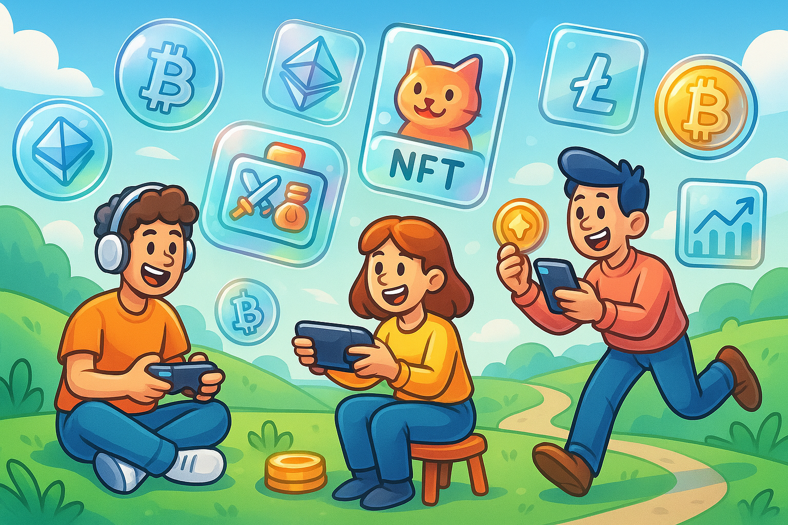 A cartoon illustration of Play-to-Earn gaming, featuring characters earning crypto tokens and NFTs in a digital landscape.