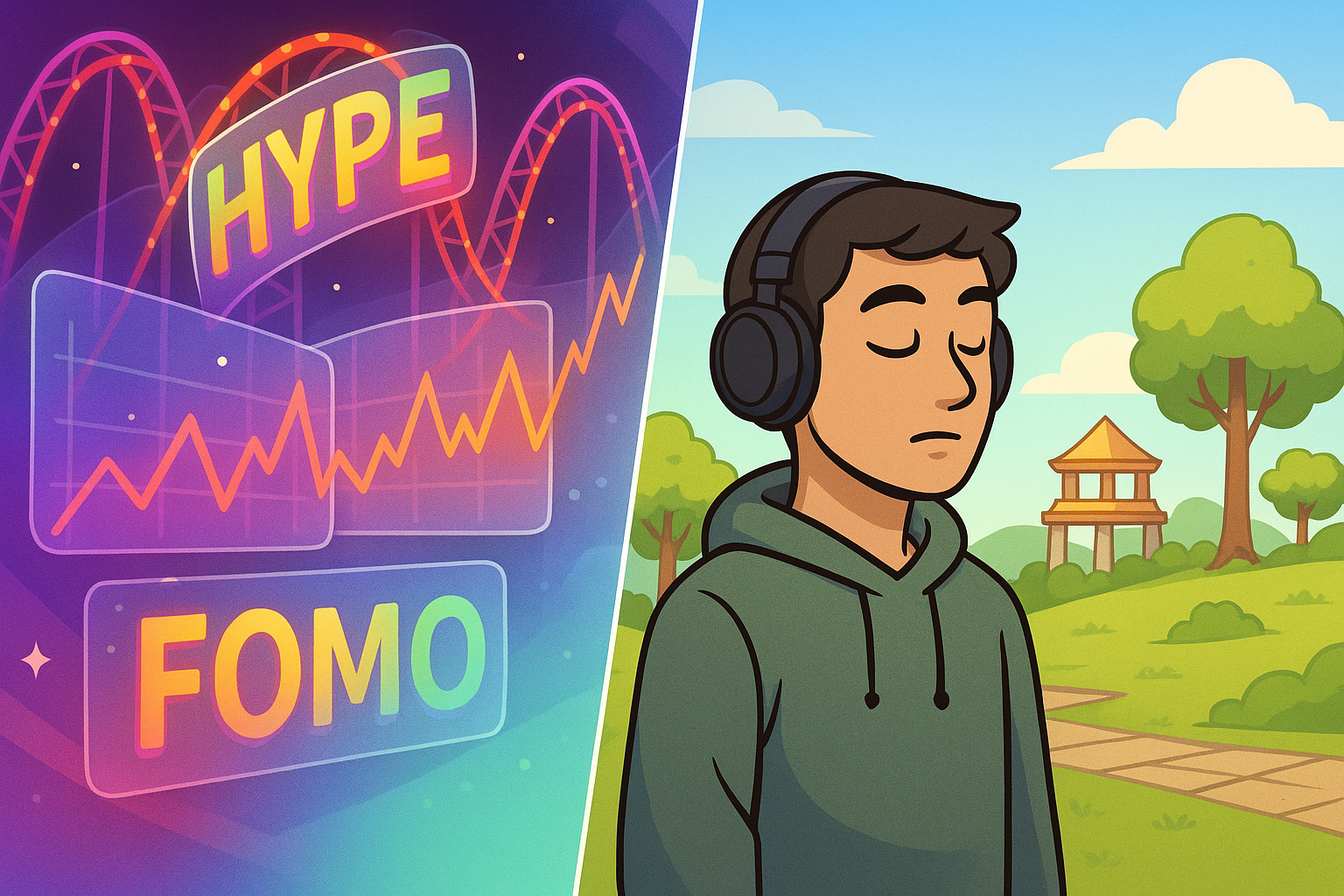 A wise gamer character standing calmly, looking towards a stable, well-built P2E game world in the distance, while actively turning away from a chaotic, fast-moving rollercoaster-like game filled with flashing 'hype' signs and volatile market graphs.