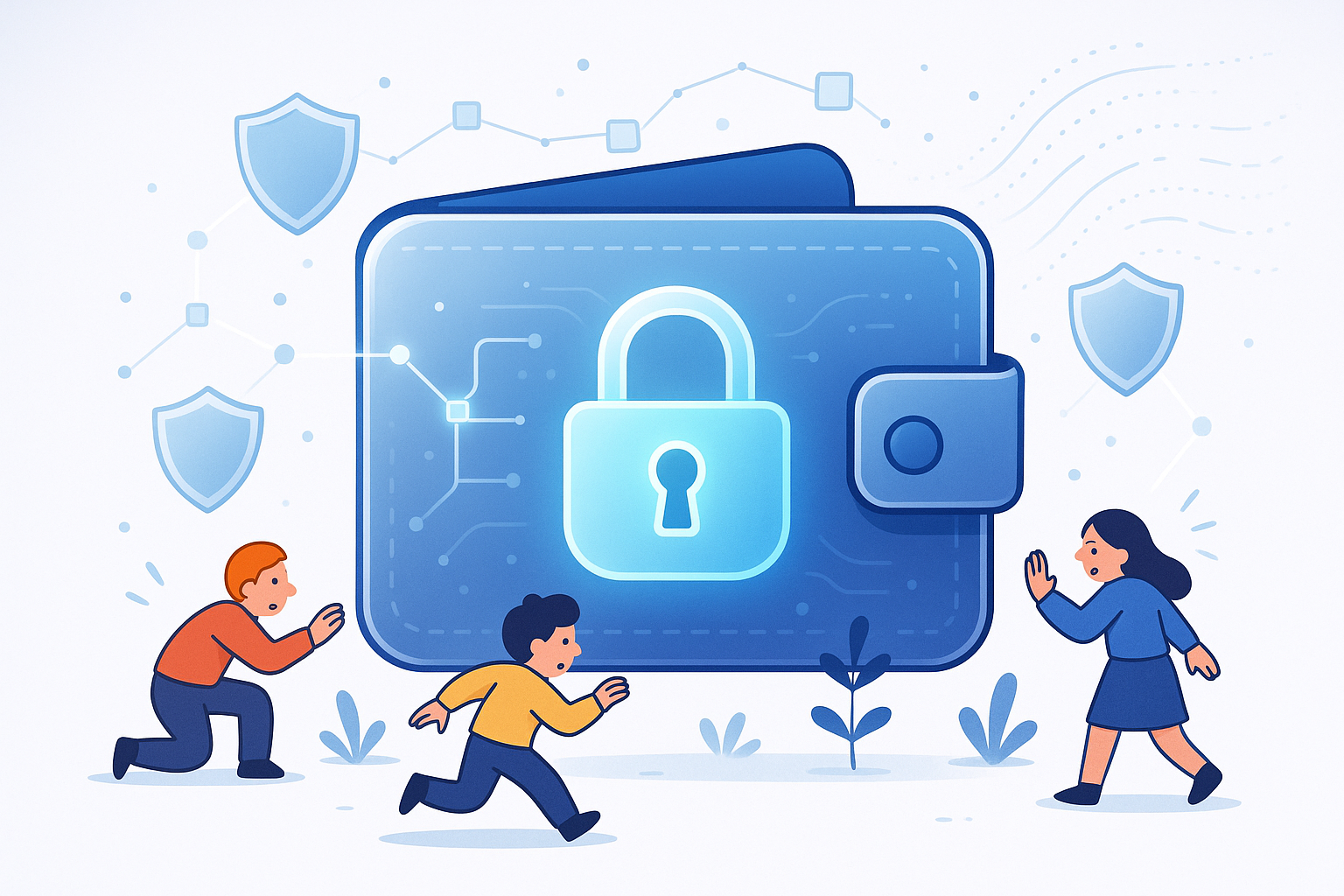 A stylized glassmorphism digital wallet with a prominent padlock icon, surrounded by protective shields and secure blockchain network lines, with small cartoon characters cautiously approaching it.