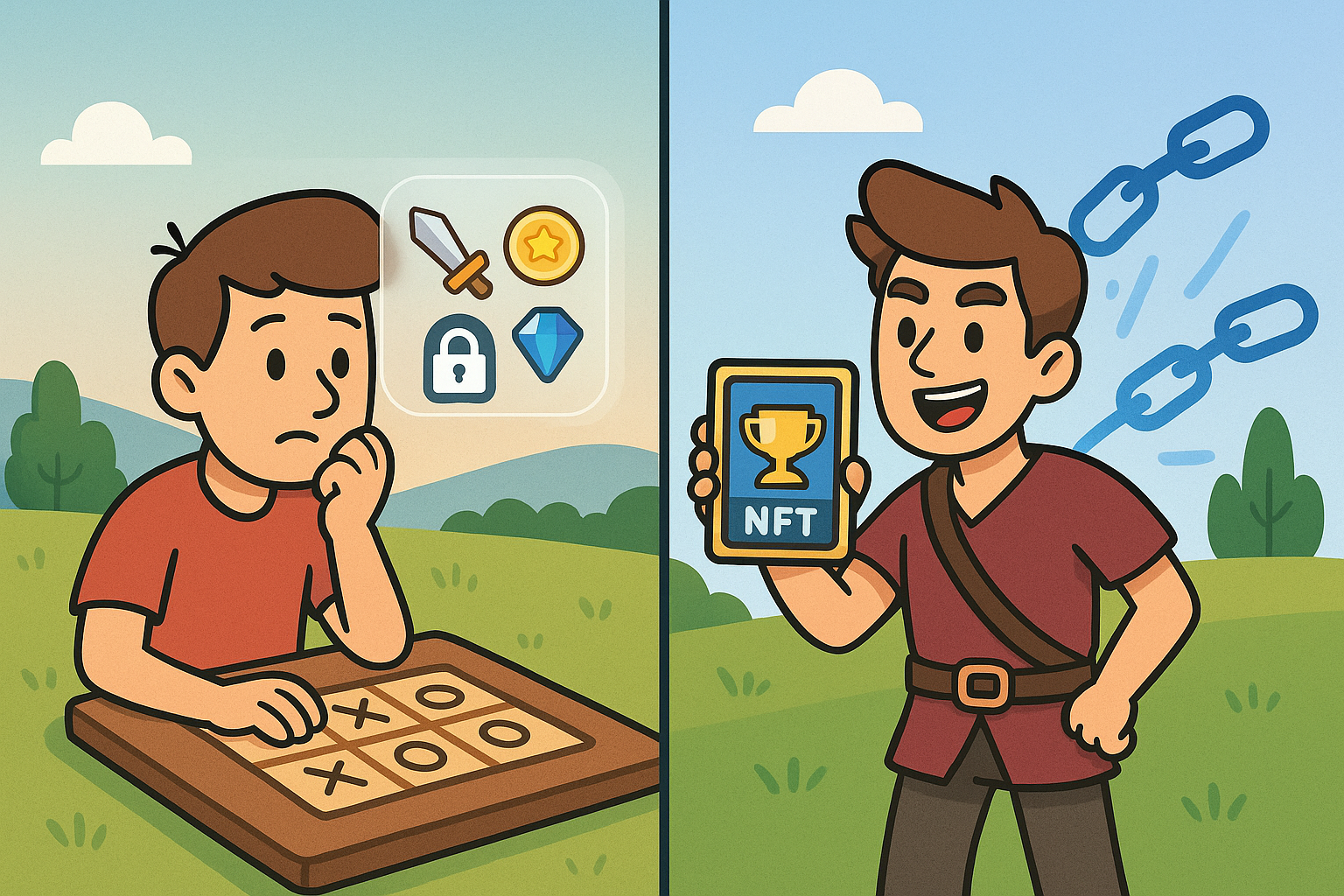 A split cartoon illustration comparing traditional gaming (centralized item control) with Play-to-Earn (player-owned NFTs).