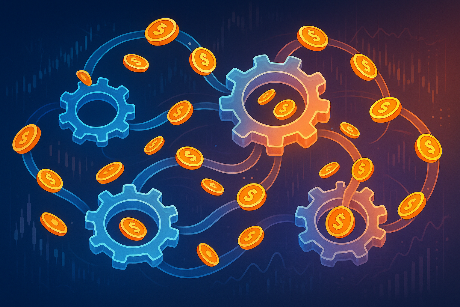 An abstract illustration of interconnected gears and flowing digital tokens, depicting the intricate balance of supply, demand, burning, and minting within a P2E game's tokenomics, with financial graphs in the background.