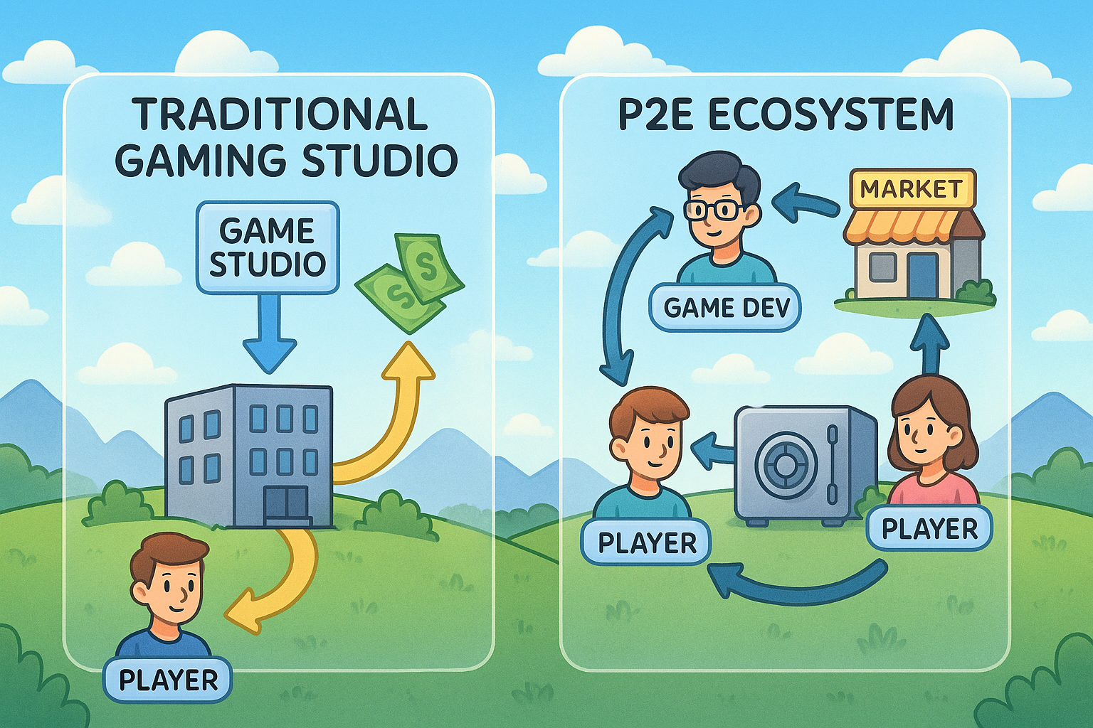 A cartoon illustration demonstrating the economic flow in traditional gaming (one-way to developer) versus P2E (multi-directional, player-centric).
