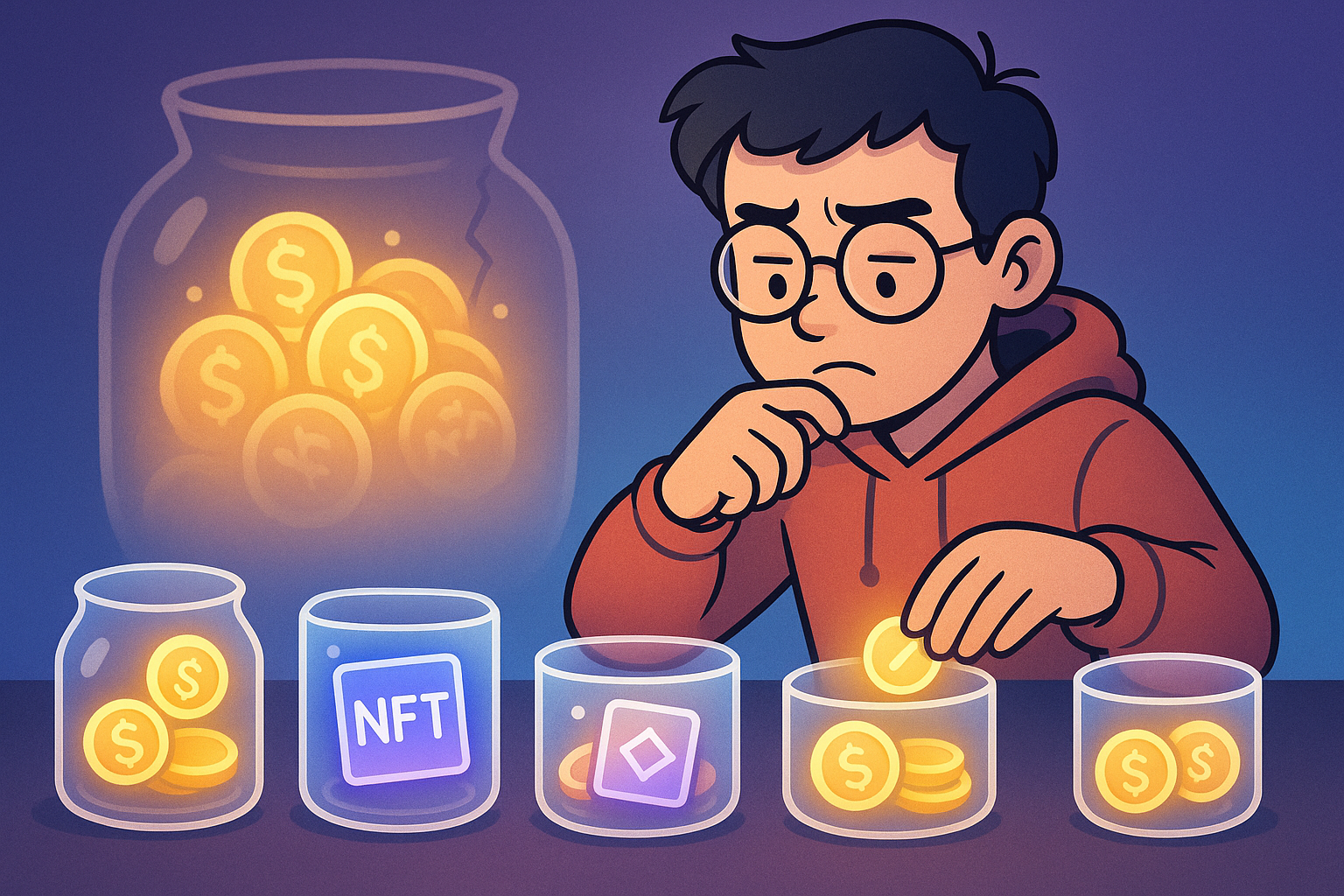 A prudent gamer character carefully distributing their digital assets (represented by small glowing coins) into several distinct, smaller digital pots or baskets, rather than placing everything into one large, precarious pot.