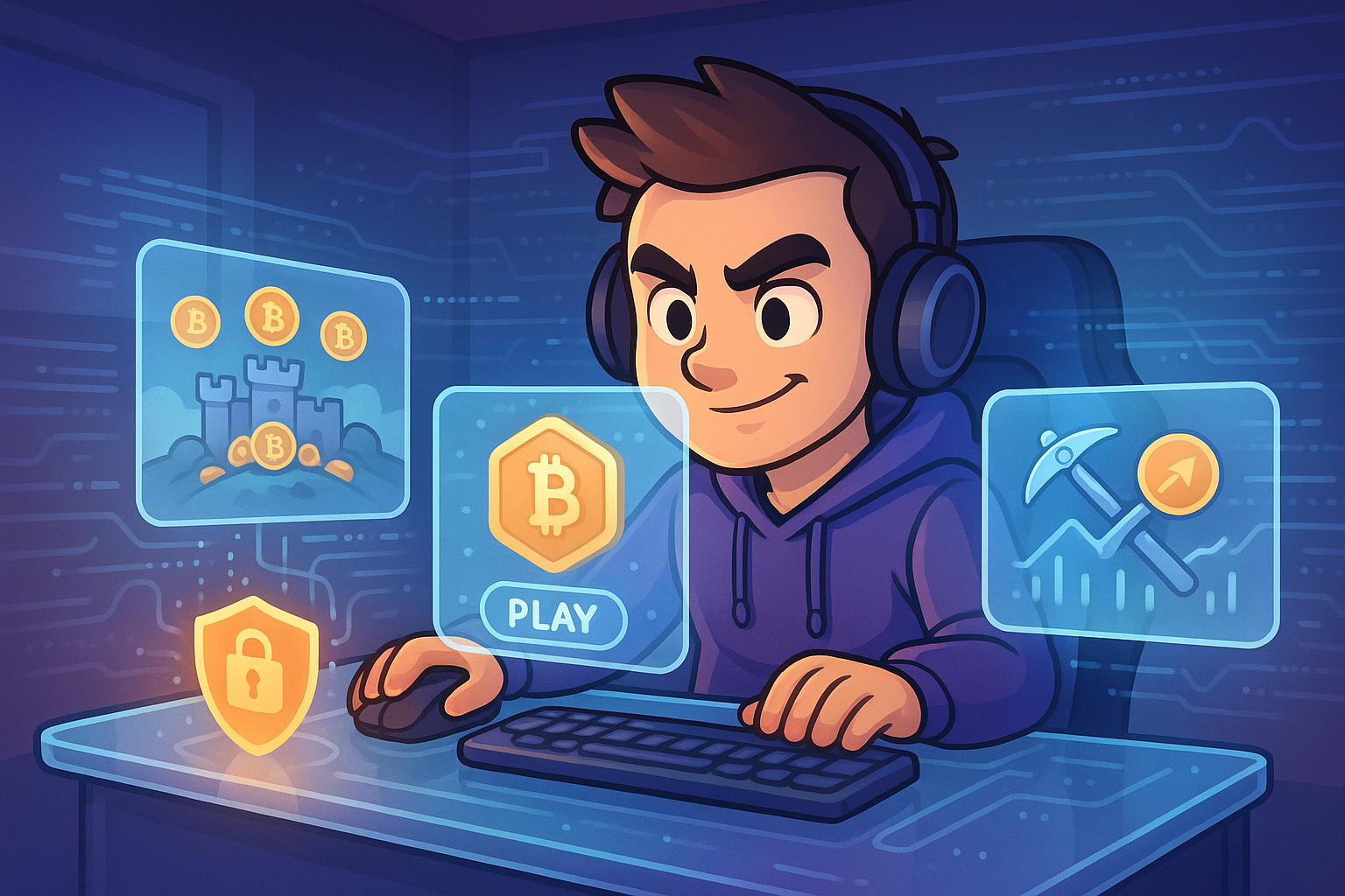 A cartoon gamer sitting at a sleek, glowing glassmorphism desk with multiple screens displaying crypto game interfaces, surrounded by digital security elements like a firewall shield and encrypted data streams, in a cozy, futuristic room.