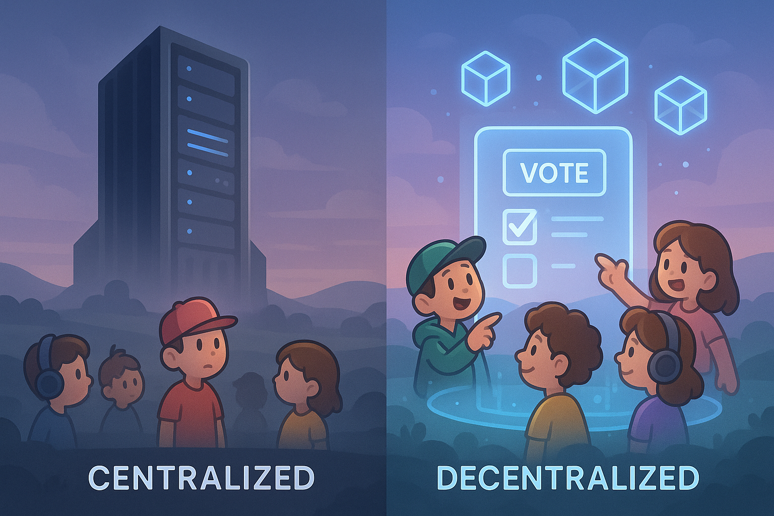A cartoon illustration comparing the centralized control of traditional gaming studios with the decentralized, player-voted governance in P2E DAOs.