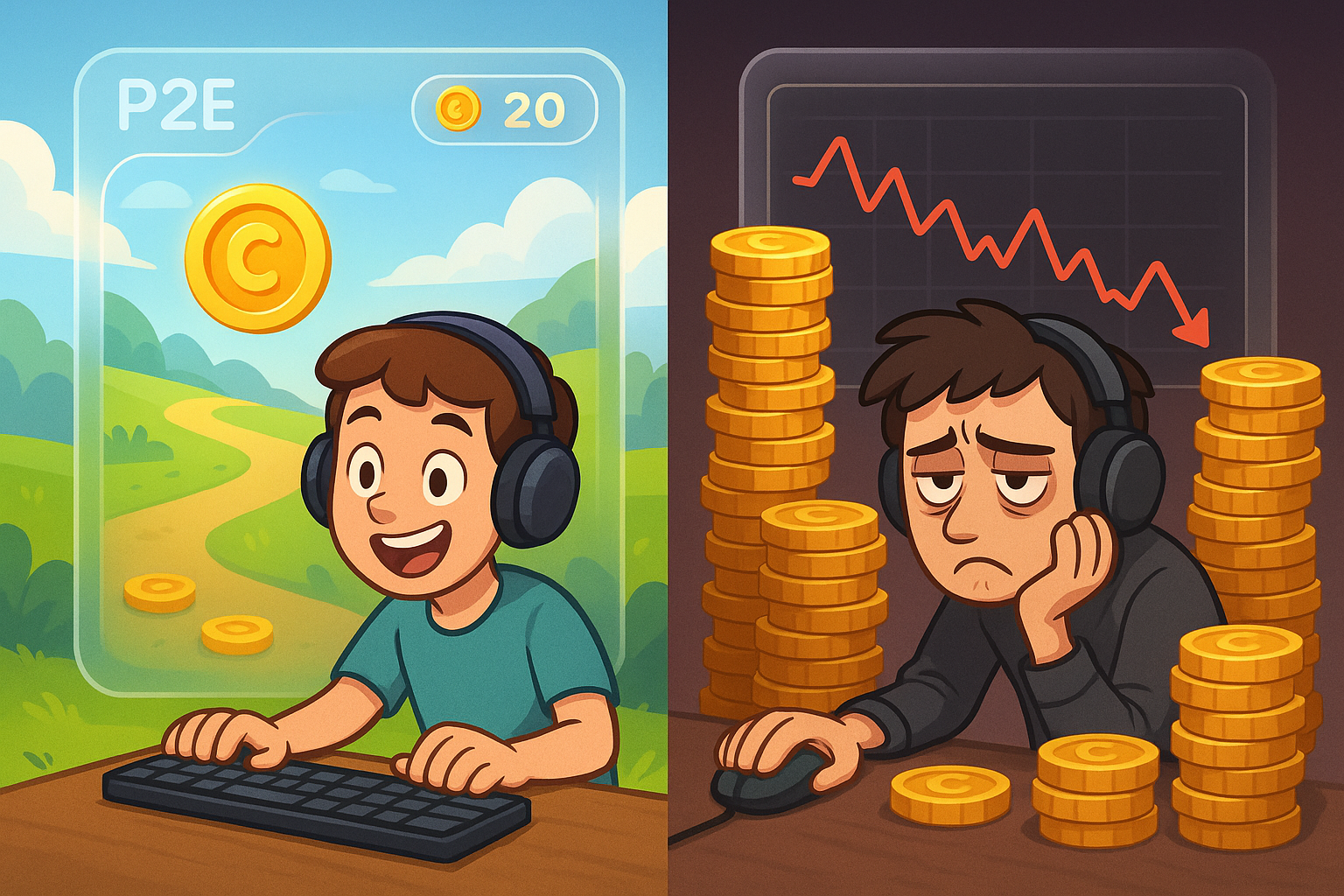Two gamer characters side-by-side: one is joyful and immersed in a vibrant P2E game world, earning a small, steady stream of coins, while the other is stressed, tired, and surrounded by large, precarious stacks of coins, eyes fixed on a grim financial chart.
