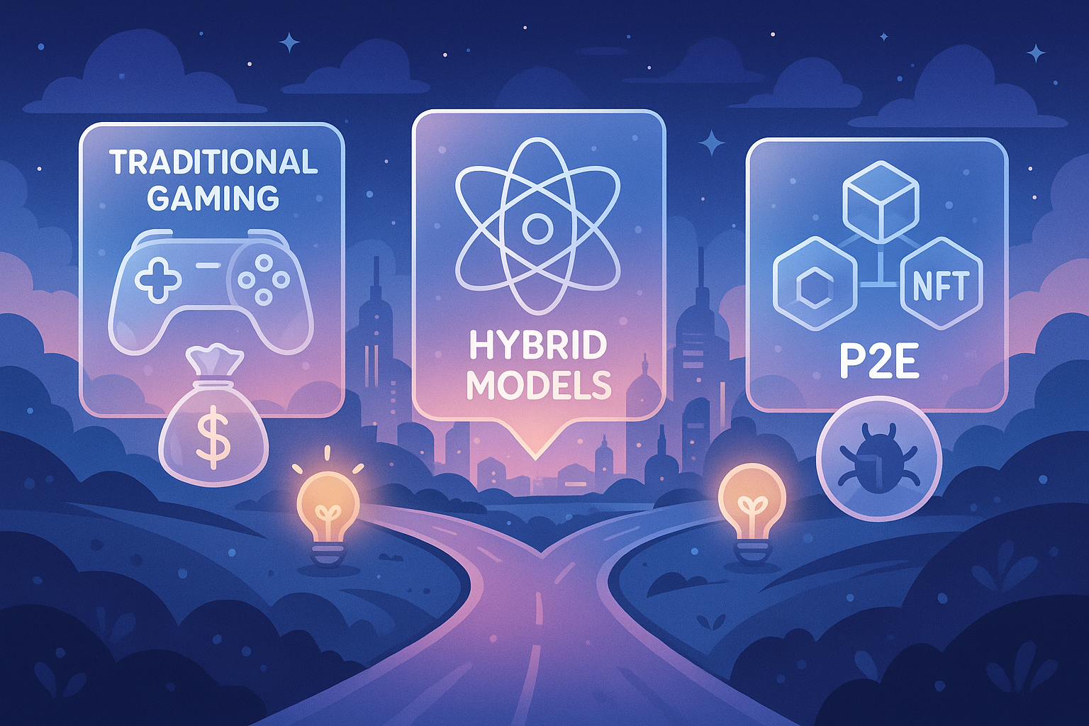 A cartoon illustration depicting the future of gaming, showing traditional, P2E, and hybrid models at a crossroads with various challenges and opportunities.