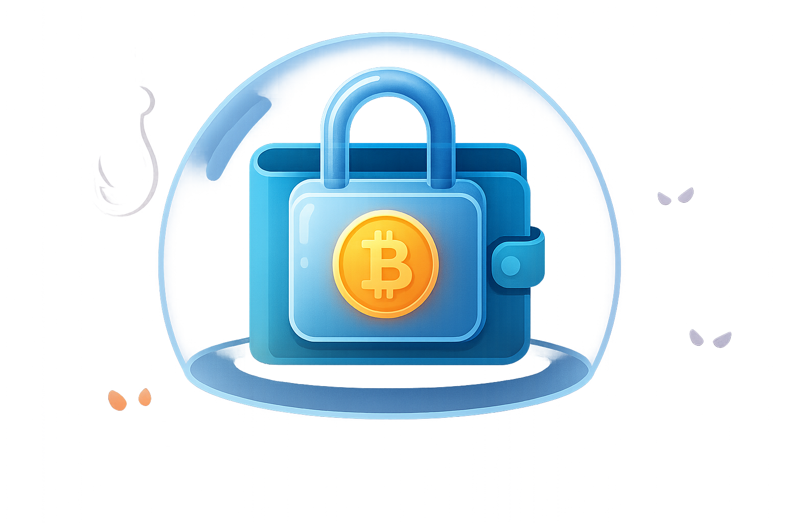 A robust digital padlock icon securing a glowing cryptocurrency wallet, with various cartoon-style cyber threats like phishing hooks, malware bugs, and dark shadowy figures attempting to breach its defenses but being repelled by a force field.