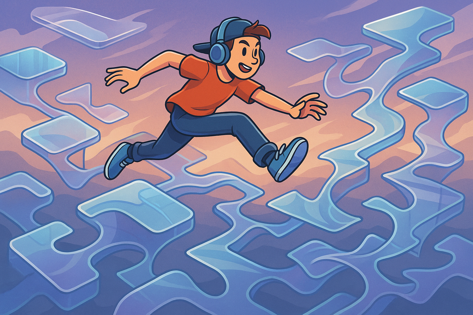 An agile gamer character gracefully leaping and navigating across a dynamically shifting landscape made of floating, interconnected platforms that are constantly changing shape and position, symbolizing adaptability in the P2E market.