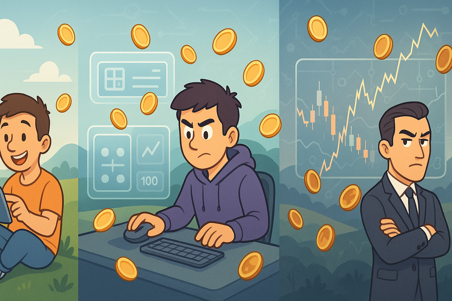 A cartoon and glassmorphism illustration of three distinct player profiles: a casual player happily interacting with a simple game, a dedicated player strategizing with multiple screens, and a 'high-roller' monitoring complex market charts, each with varying levels of small, medium, and potentially larger digital coin earnings floating around them, emphasizing the realistic earning tiers.
