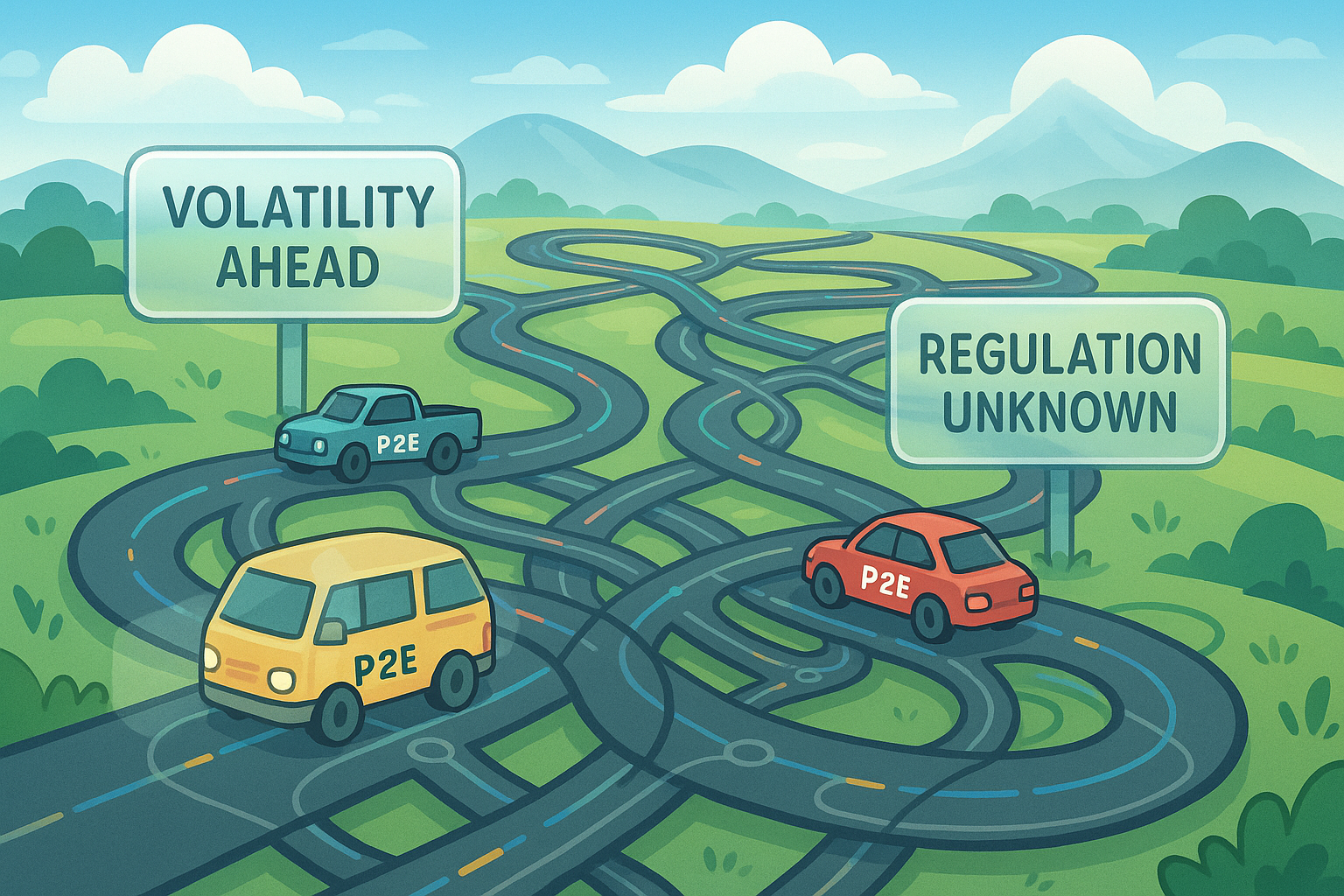 A landscape cartoon illustration with glassmorphism elements, depicting a winding, complex digital road with signposts pointing to challenges like 'Volatility Ahead' and 'Regulation Unknown', while a few stylized vehicles representing P2E games navigate cautiously.
