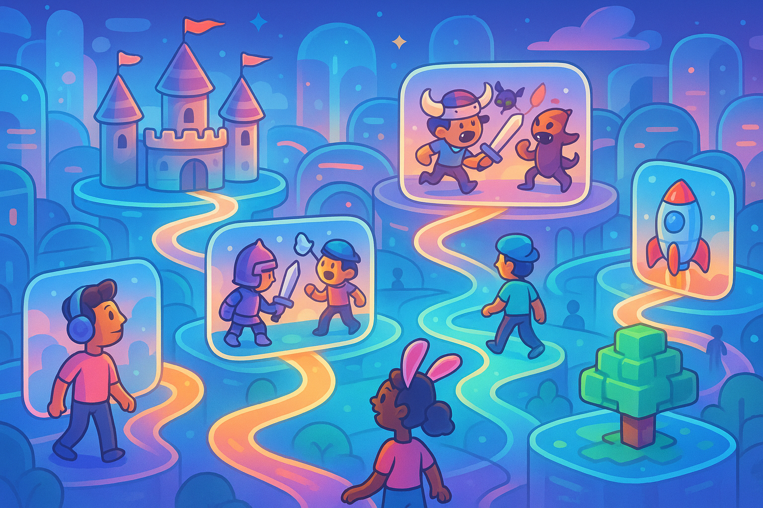 A grand, futuristic landscape cityscape rendered in glassmorphism and cartoon illustration, featuring interconnected digital worlds and diverse avatars exploring a vibrant, integrated metaverse. Glowing pathways link different game environments.