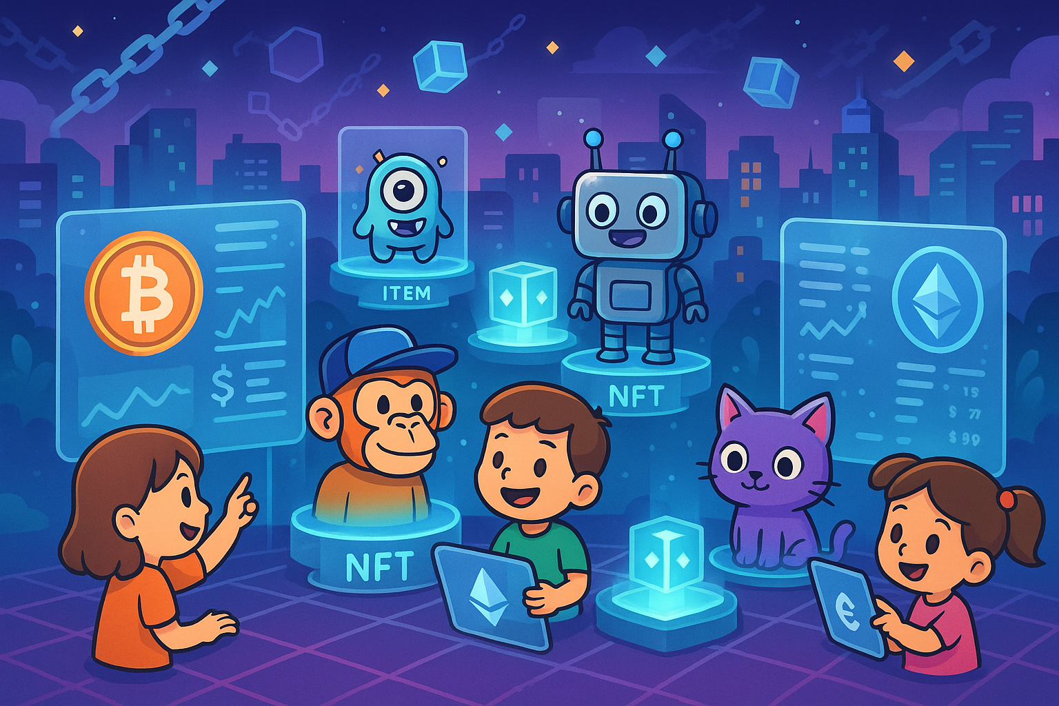 A landscape cartoon and glassmorphism illustration depicting a futuristic digital marketplace. Various unique NFT characters and glowing item boxes are displayed on holographic stands. Children, represented as cartoon avatars, are interacting with screens showing cryptocurrency symbols and transaction data. The background features floating blockchain elements and a bustling digital cityscape.