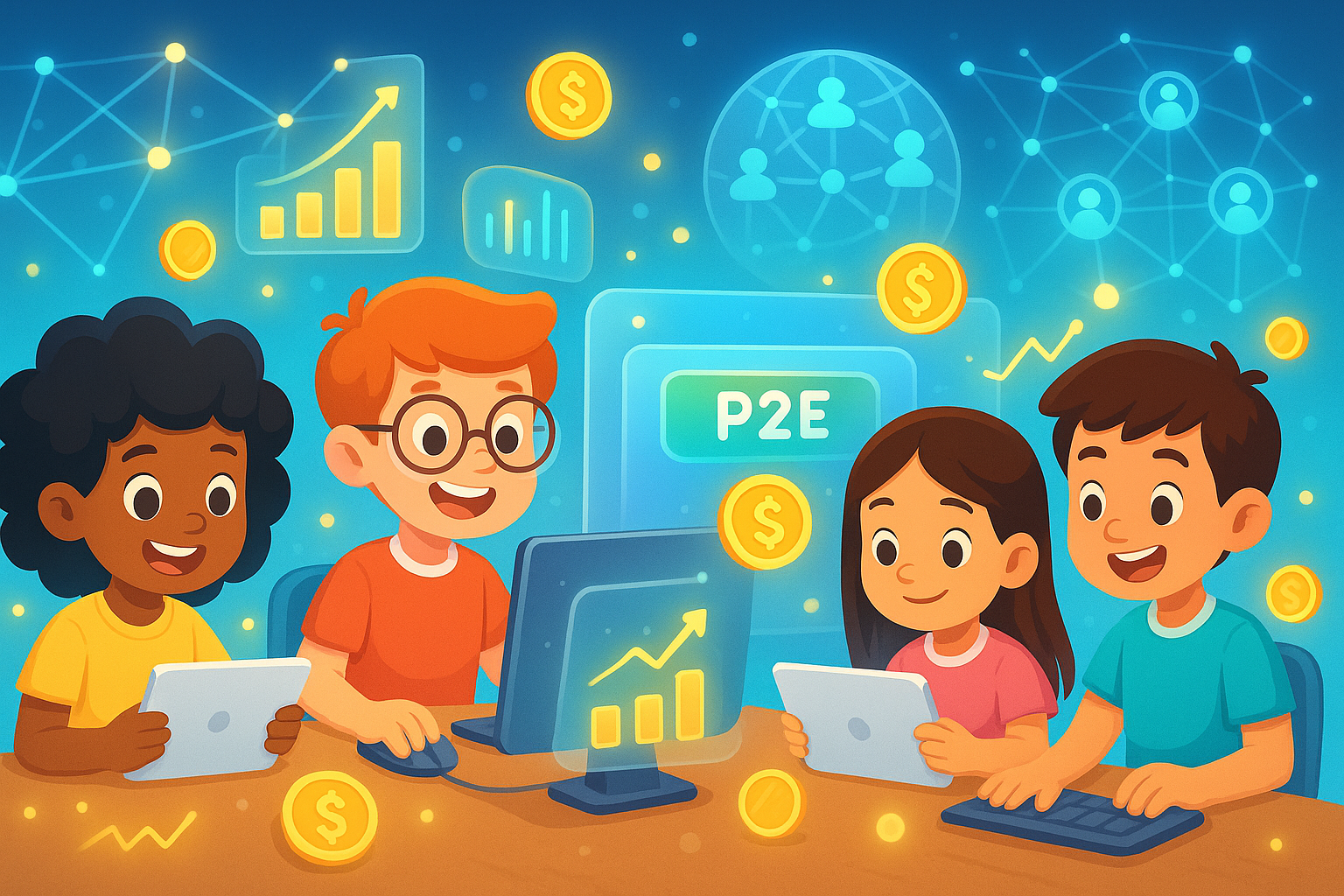 A bright cartoon and glassmorphism illustration showing a diverse group of children, both boys and girls, collaboratively playing a P2E game on various devices (tablets, PCs). Digital graphs and glowing coins float around them, representing financial learning. In the background, abstract representations of blockchain networks and interconnected global communities are visible.