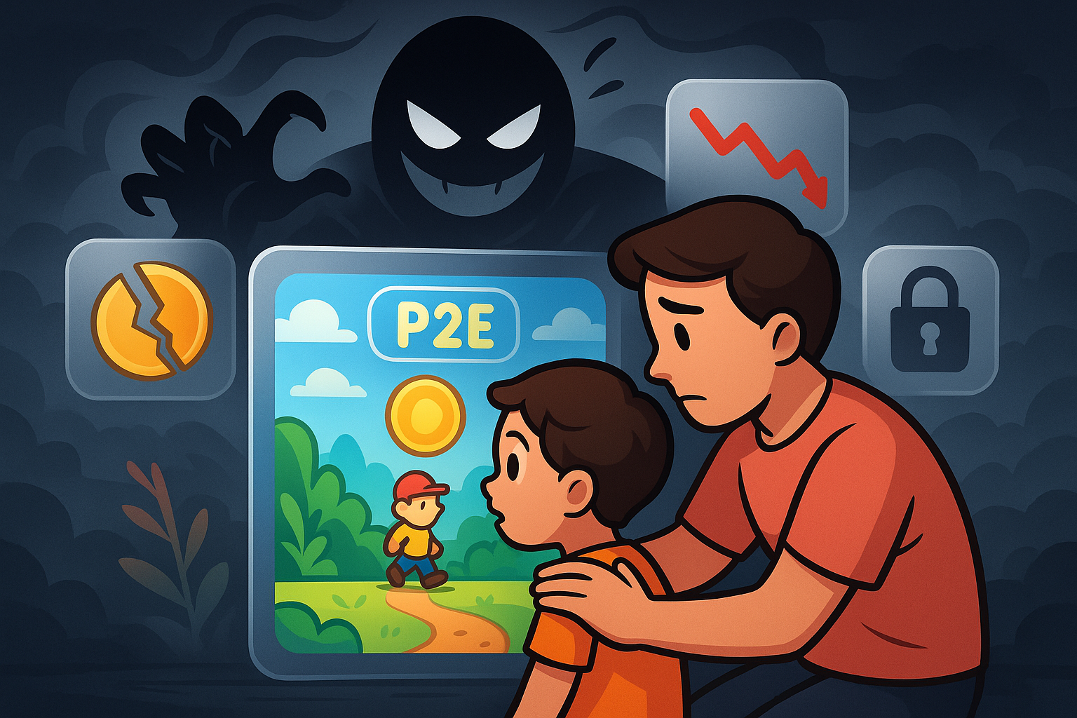 A dramatic cartoon and glassmorphism illustration showing a shadowy, ominous figure (representing scams/risks) lurking behind a seemingly vibrant P2E game interface. Digital warning signs like broken coins, falling graphs, and locked padlocks are scattered around. A protective parent figure gently shields a child who is looking at the game, symbolizing caution and guidance. The background hints at a turbulent, uncertain digital landscape.