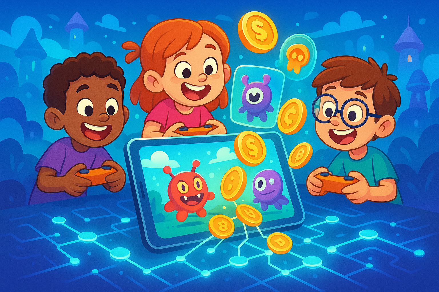 A vibrant cartoon and glassmorphism illustration of children playing a futuristic video game, with digital assets like coins and unique characters visually popping out of the screen and flowing onto a blockchain network represented by glowing lines. The background shows a whimsical digital world.