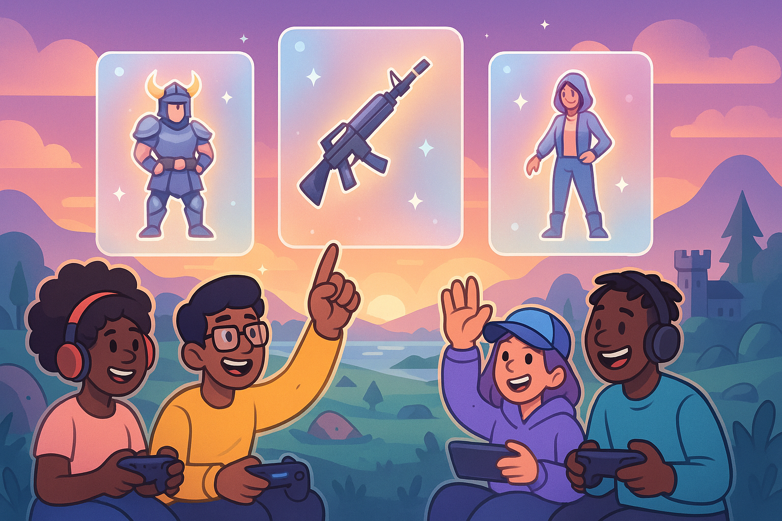 A landscape illustration blending glassmorphism and cartoon styles, showing a diverse group of stylized gamers interacting with glowing holographic digital assets like character skins and weapons floating above a futuristic game world.