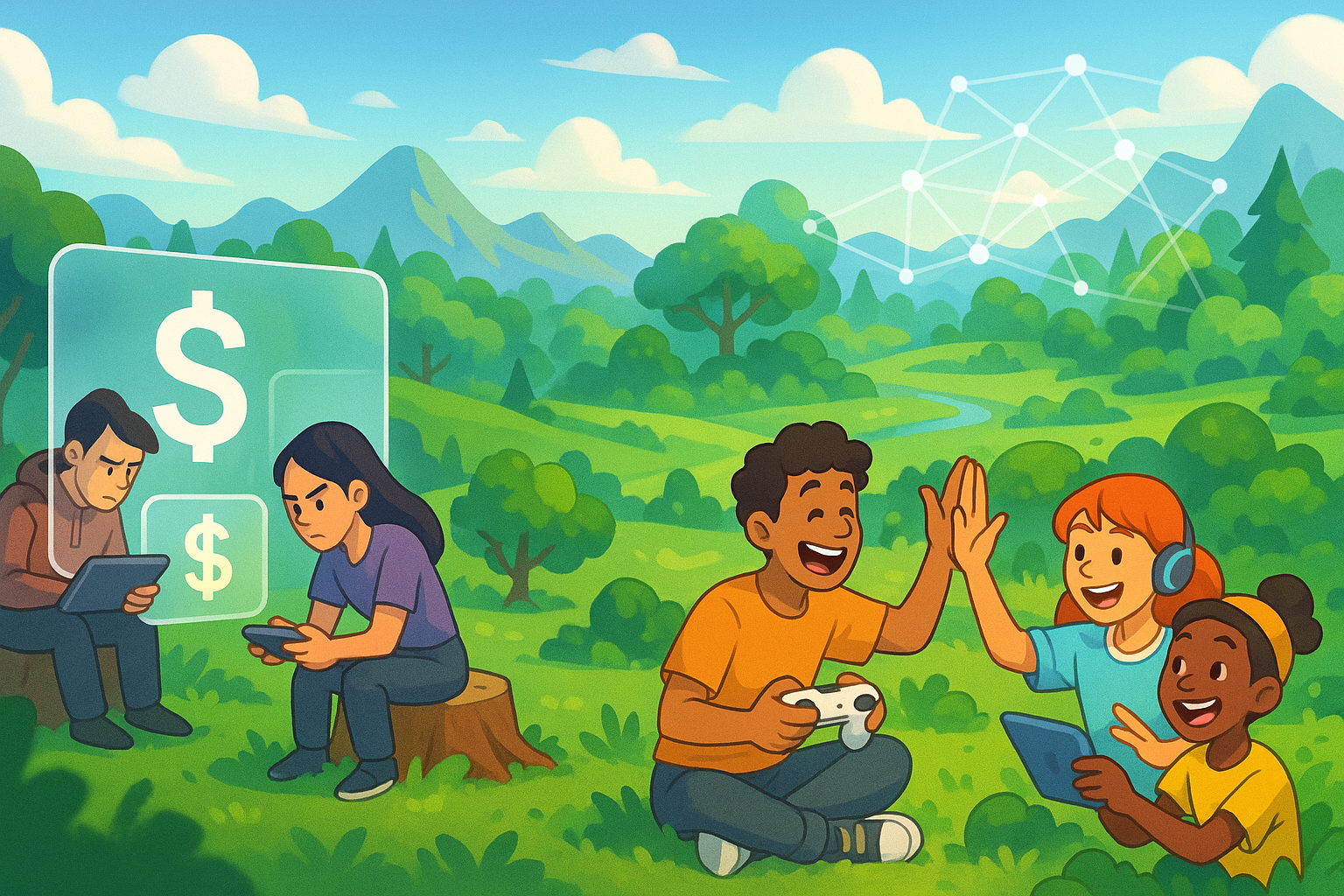 A cartoon and glassmorphism illustration of diverse gamers, some looking at screens with money symbols, others collaborating in a vibrant digital world, symbolizing the evolution from pure 'earn' to 'play and earn' with a focus on fun and sustainability.