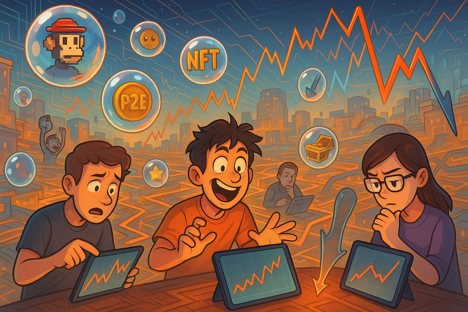 A cartoon and glassmorphism illustration of a chaotic digital marketplace with fluctuating charts, showcasing various game tokens and NFTs, surrounded by a mix of excited and worried players, representing the volatility of P2E earnings and crypto market conditions.