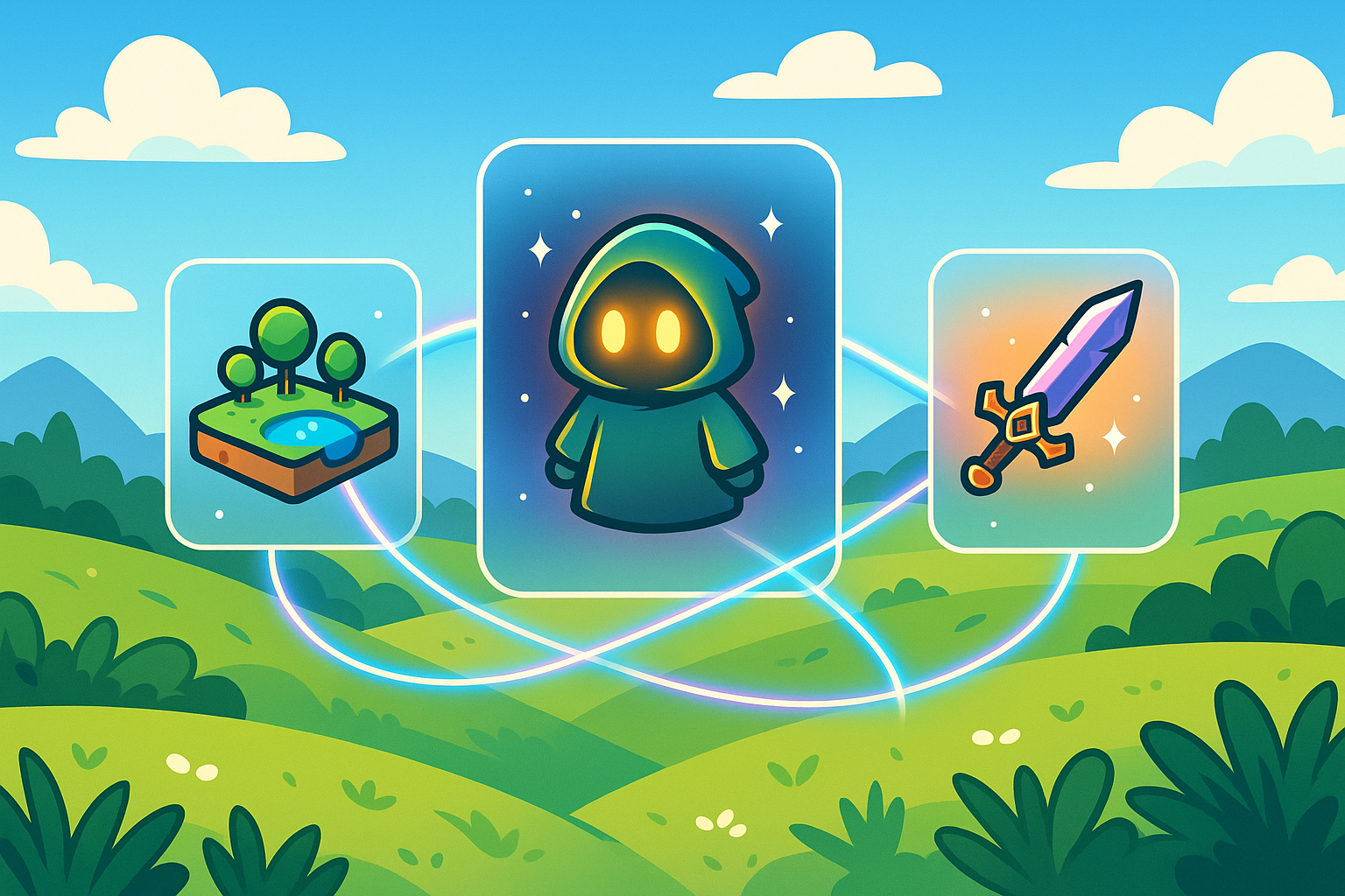 A landscape cartoon illustration with glassmorphism elements depicting various unique NFT game assets like a glowing character, a rare weapon, and a piece of virtual land, connected by shimmering lines representing trade and ownership.
