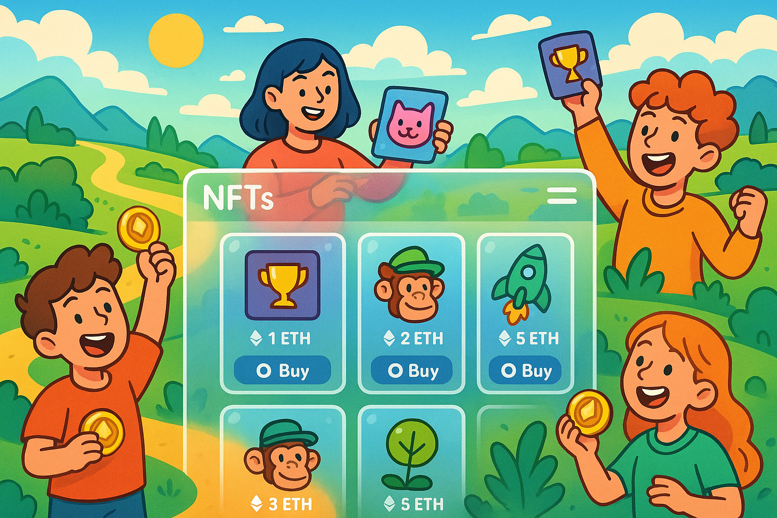 A vibrant landscape cartoon illustration with glassmorphism elements, showing an open digital marketplace interface where various NFTs are being traded. Players with joyful expressions are depicted in the background, interacting with their digital assets.