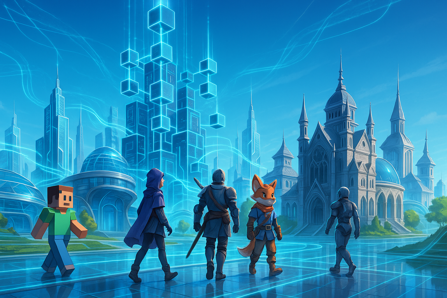 A cartoon and glassmorphism illustration of a futuristic digital city with intertwined blockchain networks, high-quality game graphics, and virtual avatars seamlessly moving between different game worlds, symbolizing the future of P2E with sustainable economies, interoperability, and advanced gameplay.