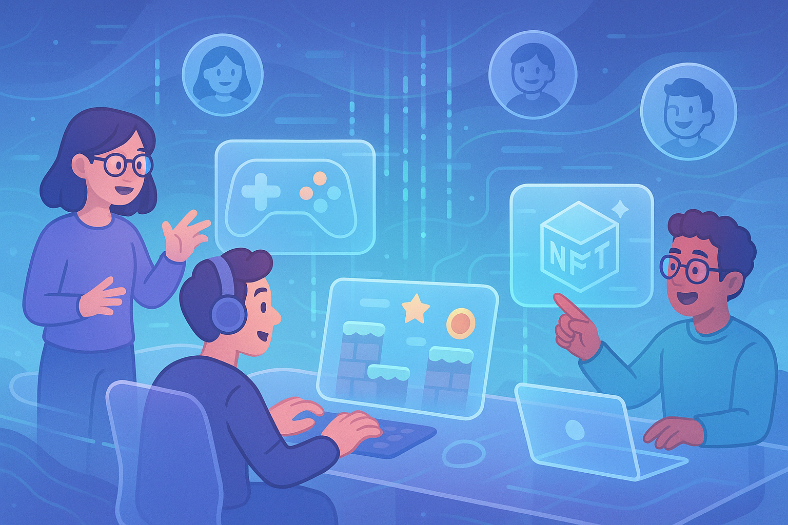 A landscape illustration in glassmorphism and cartoon style, showing game developers in a futuristic studio collaborating on holographic designs of new NFT-powered game elements, surrounded by data streams and enthusiastic player community avatars.