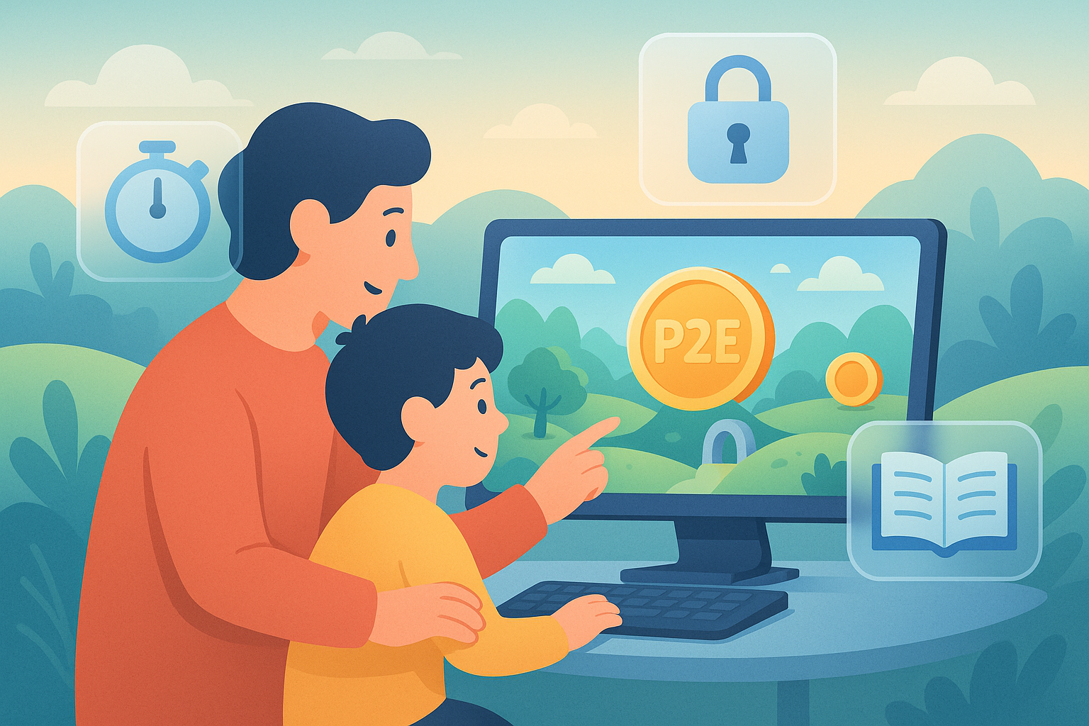 A landscape cartoon and glassmorphism illustration showing a parent and child sitting together at a computer, with a P2E game displayed on the screen. The parent is pointing at elements on the screen, teaching and guiding. Around them are floating digital representations of security locks, screen time timers, and open books symbolizing research and learning. The scene radiates a sense of calm, shared discovery.