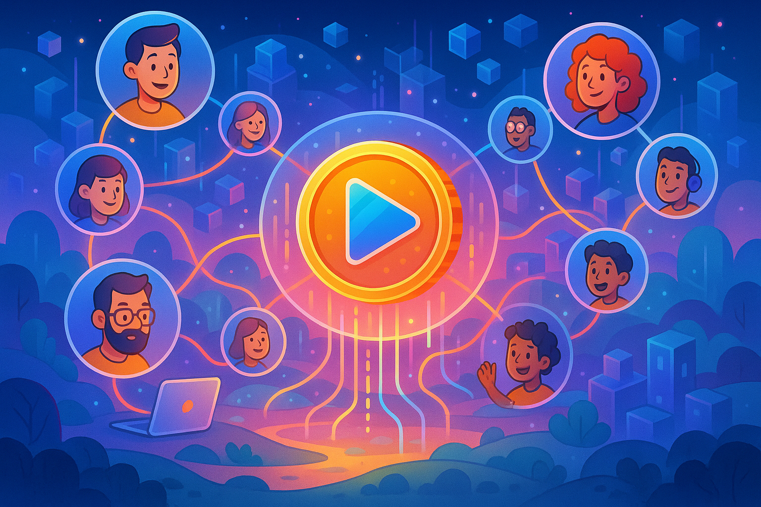 A vibrant, interconnected digital community forming around a glowing, stylized play-to-earn game icon. The scene is a landscape mix of glassmorphism illustration and cartoon elements, showing diverse digital avatars interacting through glowing lines and data streams.