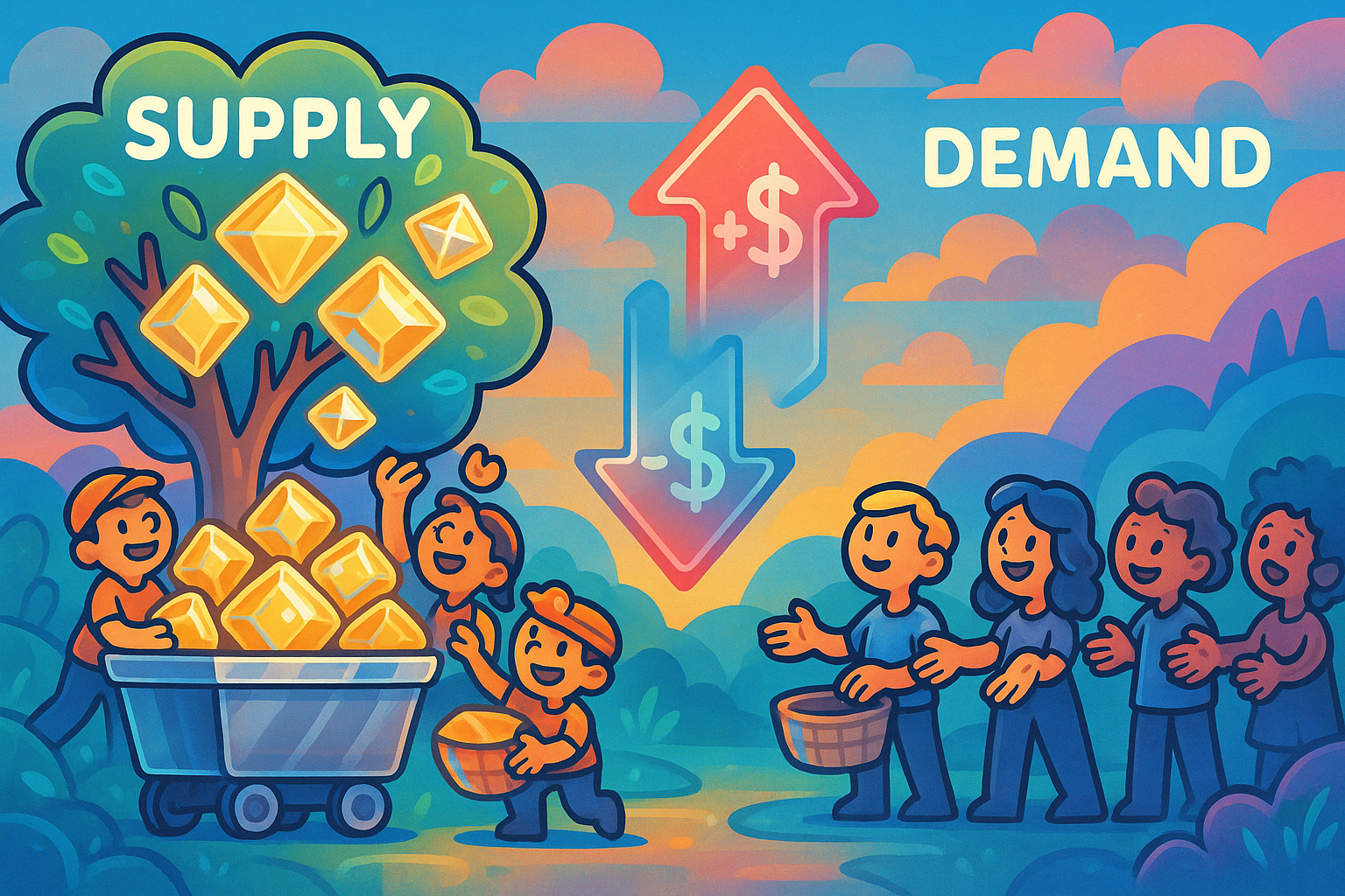 A landscape showing the abstract concepts of supply and demand. On one side, an overflowing mine cart full of resources (supply) and on the other, a line of eager, stylized cartoon players with empty baskets (demand). Arrows indicate rising and falling prices, all rendered with glassmorphism elements over a vibrant background.