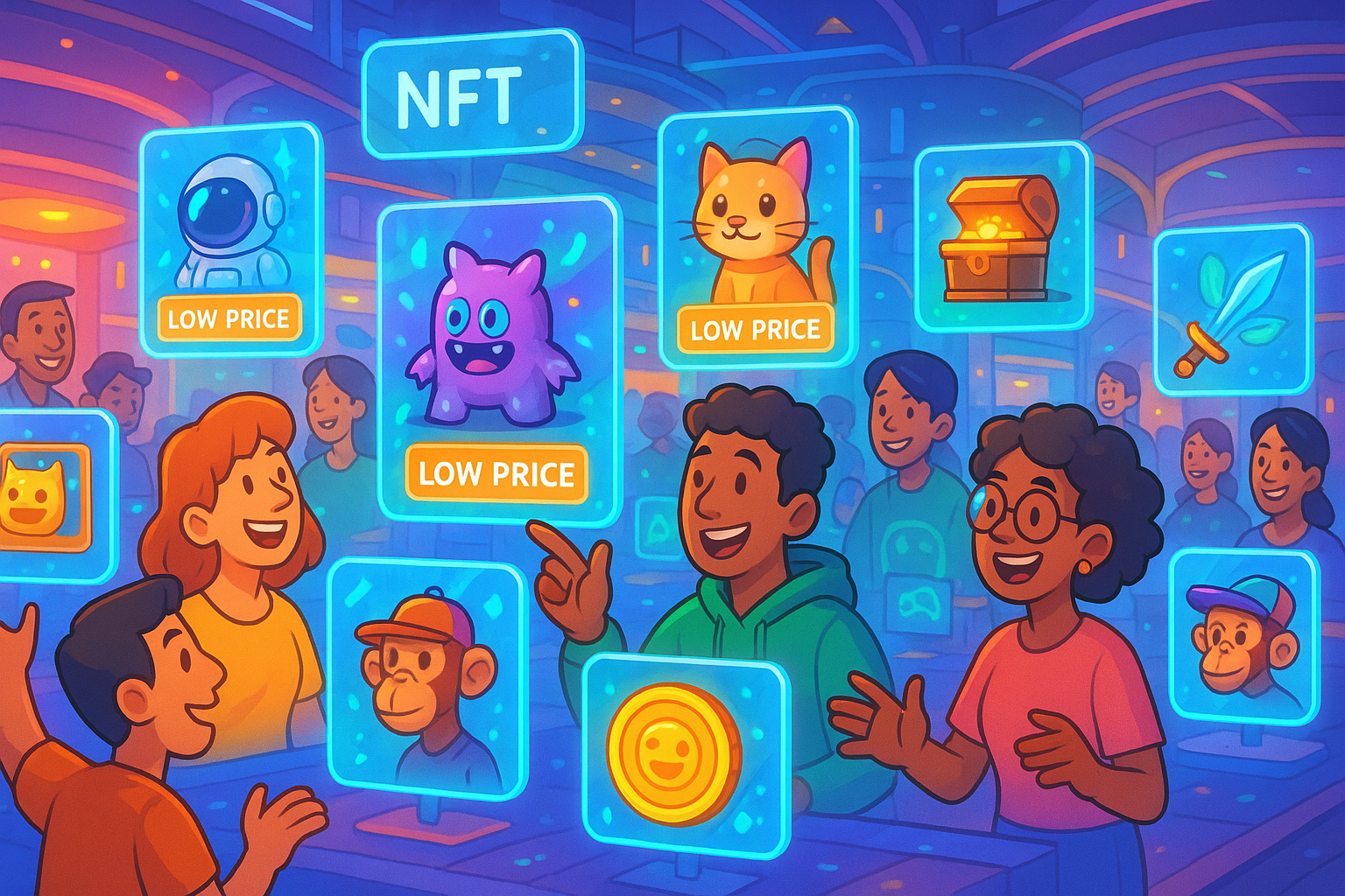 A digital marketplace scene with numerous small, glowing NFTs displayed on holographic screens, some clearly marked with low prices and accessible to budget-conscious cartoon characters browsing them. The background shows a bustling marketplace in a glassmorphism and cartoon style, symbolizing opportunity.