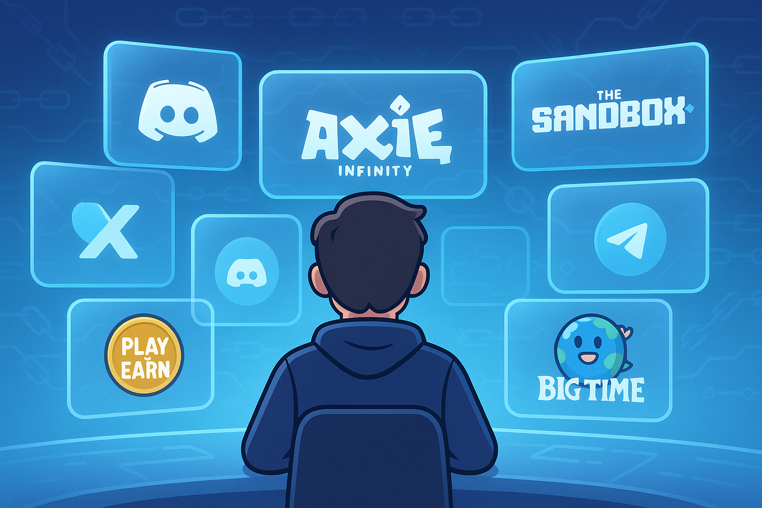 A person sits in front of multiple glowing, transparent screens displaying various Play-to-Earn game logos and community platform icons. The scene is a landscape, mix of glassmorphism illustration and cartoon style, depicting focused research in a futuristic digital environment.