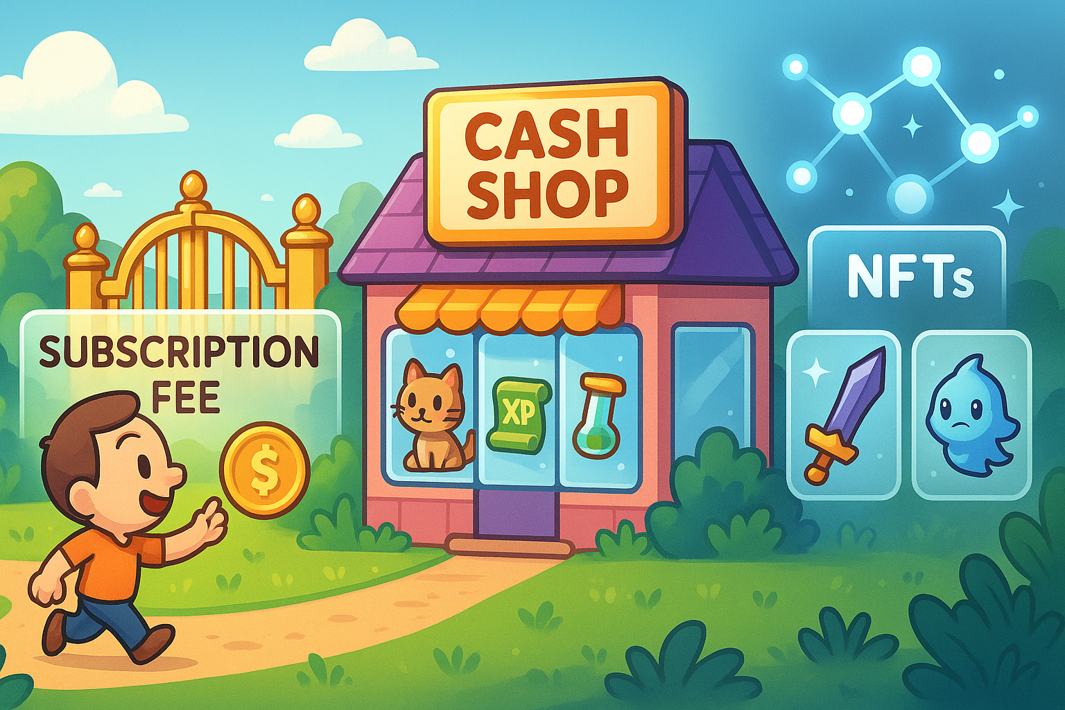 A landscape illustrating different monetization models. On one side, a cartoon character paying a subscription fee to enter a lush, well-maintained game world. In the center, a vibrant cash shop with gleaming glassmorphism displays of cosmetic items and convenience boosters. On the other side, abstract blockchain nodes connected to unique, stylized NFT items, showing the evolving digital ownership concept.