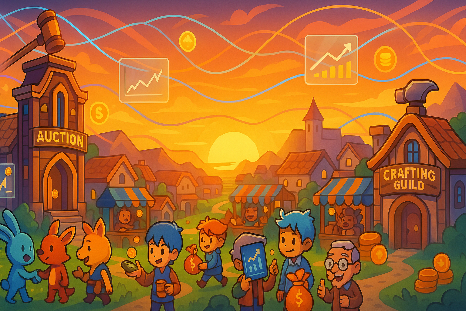 A wide, panoramic landscape showing a vibrant and dynamic digital city or game world at sunset. Buildings represent various economic functions like an auction house, a crafting guild, and a bustling marketplace, all integrated with glowing glassmorphism economic data streams and animated cartoon characters participating in the lively economy. It conveys a sense of growth and constant change.