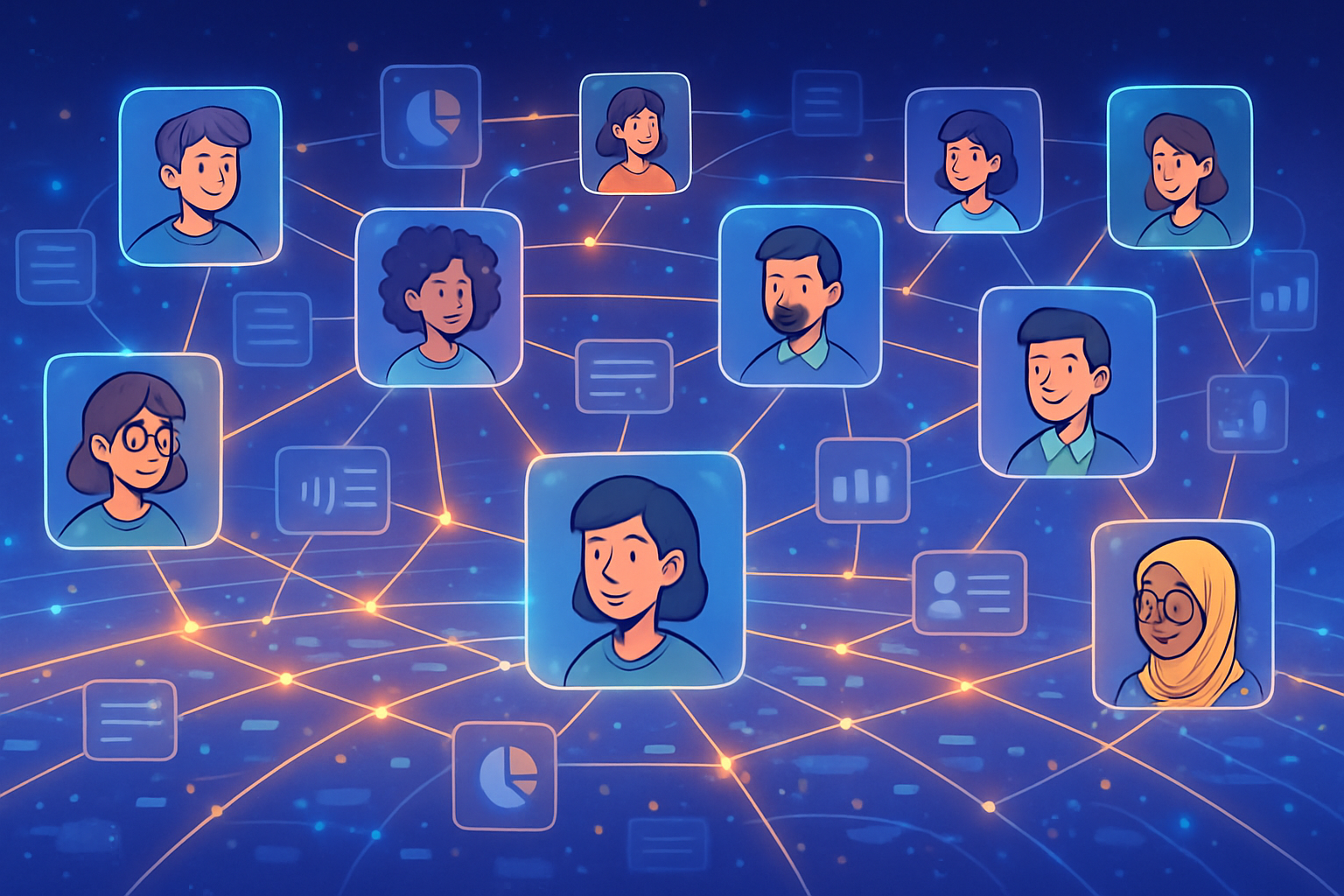 An intricate, glowing network of interconnected digital profiles and data points, representing diverse individuals collaborating in a vast P2E ecosystem. The landscape image blends glassmorphism and cartoon illustration, conveying expansive networking opportunities.