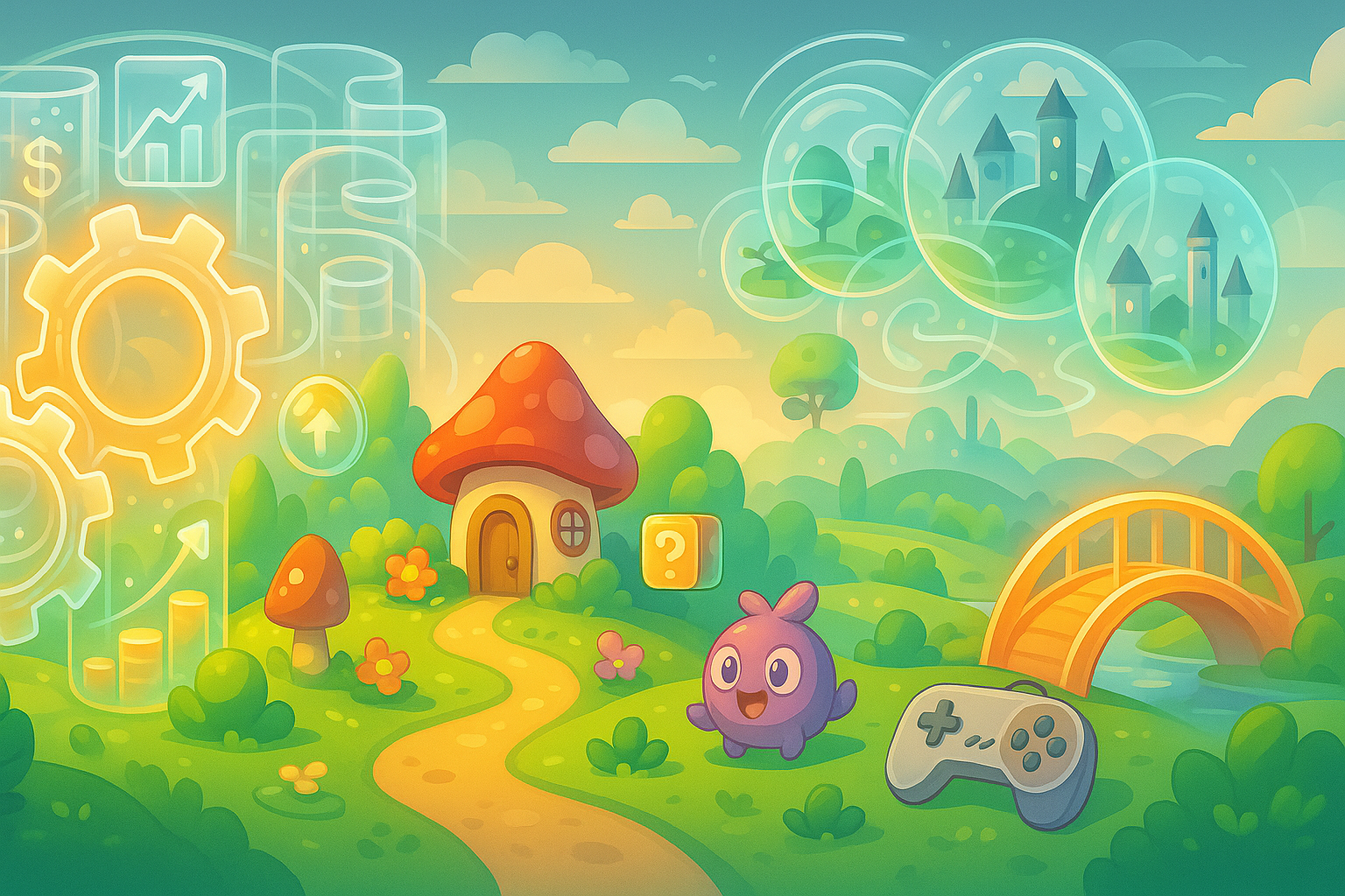 A panoramic landscape illustration symbolizing the future of P2E games. It depicts sustainable ecosystems with balanced tokenomics, engaging gameplay environments, and interconnected virtual worlds (metaverse) where assets seamlessly transition. A stylized bridge connects traditional gaming (Web2) to the advanced P2E (Web3) world, all in a glassmorphism and cartoon style.