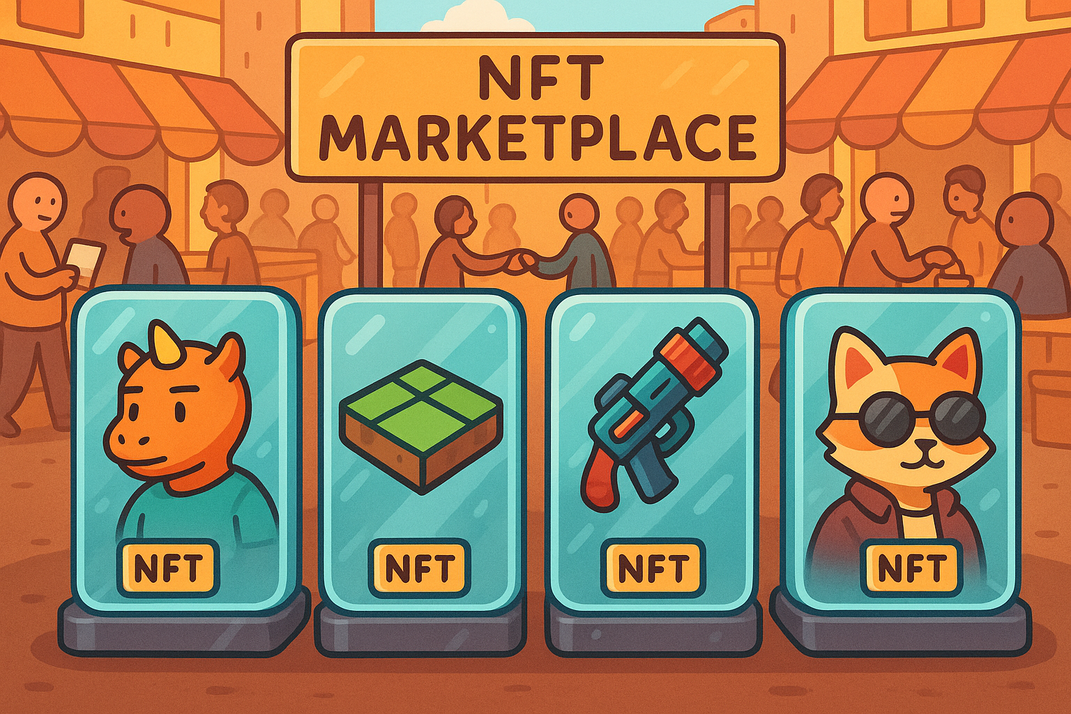 A cartoon marketplace interface with various unique NFTs on display, rendered with glassmorphism panels, indicating tracking of digital asset values and sales.