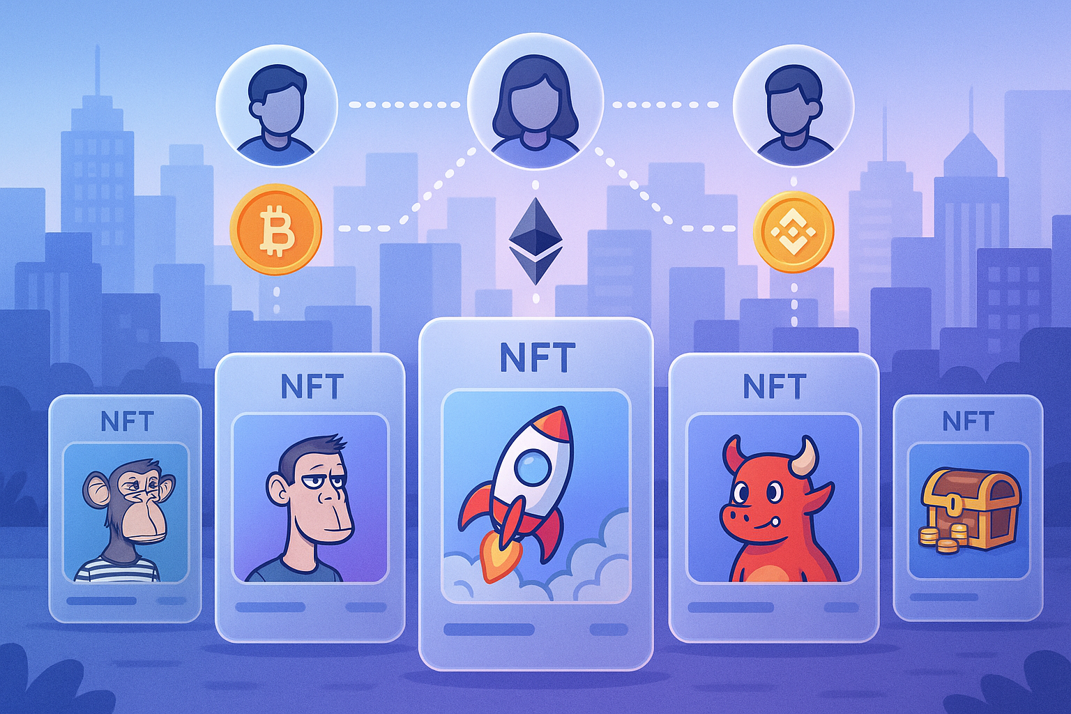 A conceptual cartoon landscape showing a digital marketplace where various unique NFT characters and items are being traded, with cryptocurrency symbols flowing between user avatars, all presented with a sleek glassmorphism style over a bustling city background.