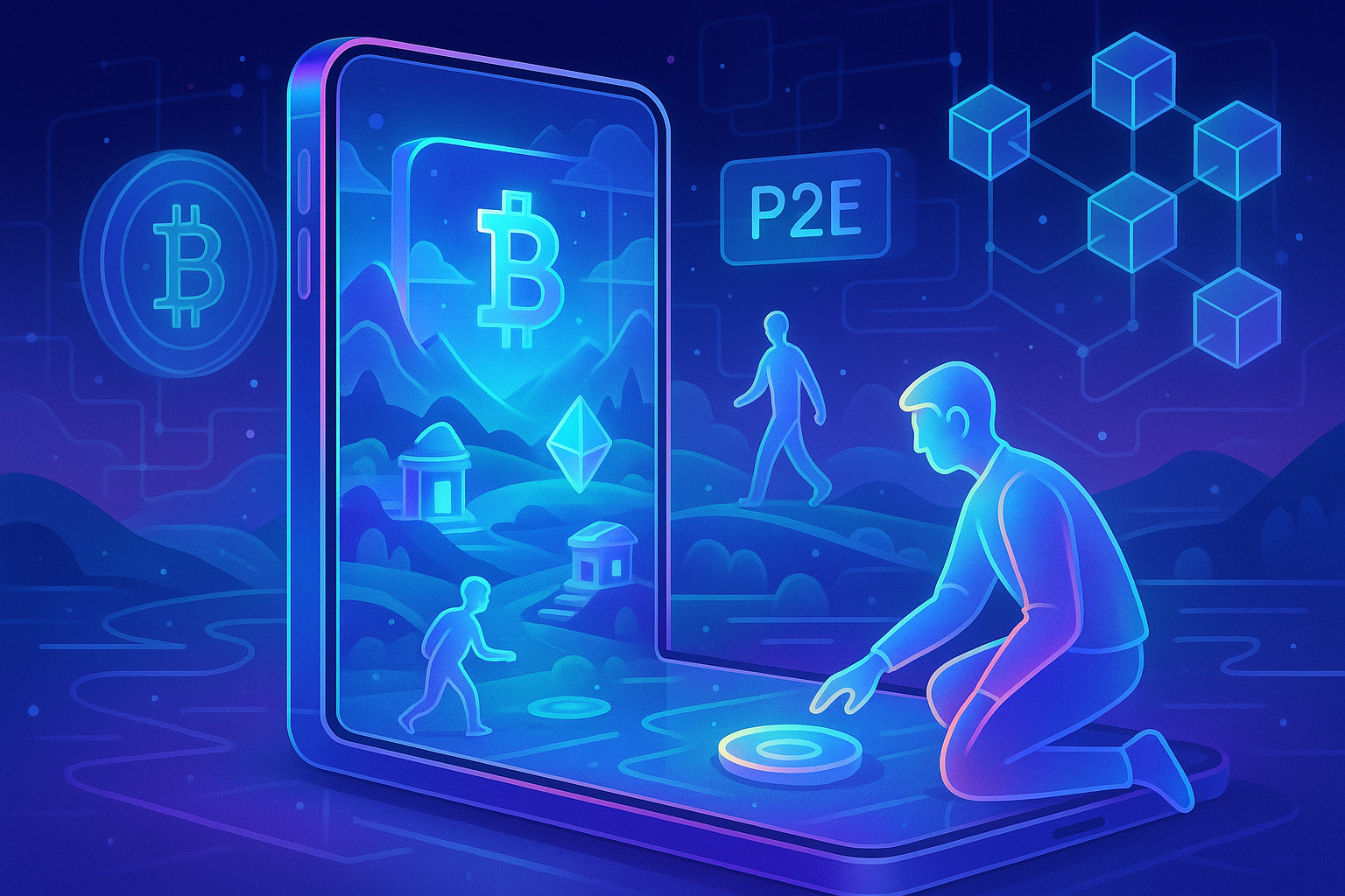 A futuristic cartoon landscape showing a mobile phone screen projecting an advanced P2E game world, with players interacting seamlessly with complex blockchain elements in the background, all rendered with a sophisticated glassmorphism and holographic aesthetic.