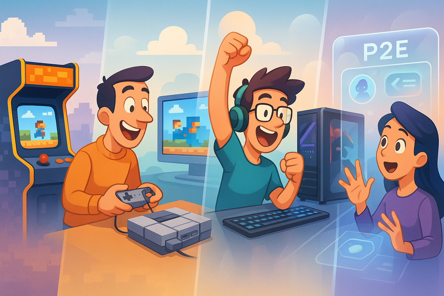A cartoon and glassmorphism style landscape illustration showing a timeline of gaming evolution from retro arcade machines to modern gaming consoles and a futuristic P2E interface, with players enthusiastically engaging at each stage. The background depicts a blend of old school pixels transitioning into smooth, high-definition graphics, symbolizing the passage of time.