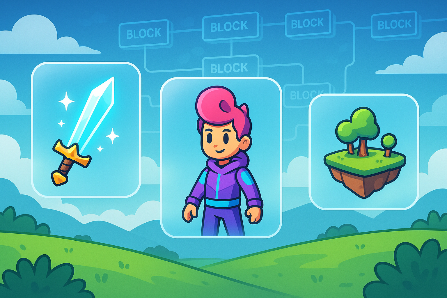A cartoon style glassmorphism illustration of various unique digital gaming assets floating in a futuristic interface, including a sword, a character skin, and a piece of virtual land, all represented as shining, translucent NFTs on a blockchain ledger background.