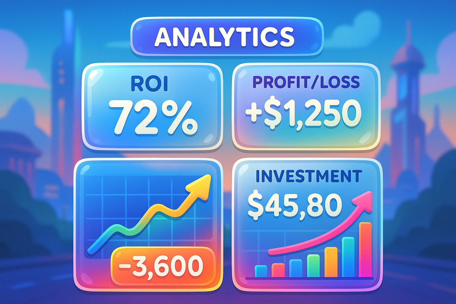 A cartoon style analytics dashboard displaying graphs and numbers with glassmorphism elements, representing financial clarity and ROI in P2E.