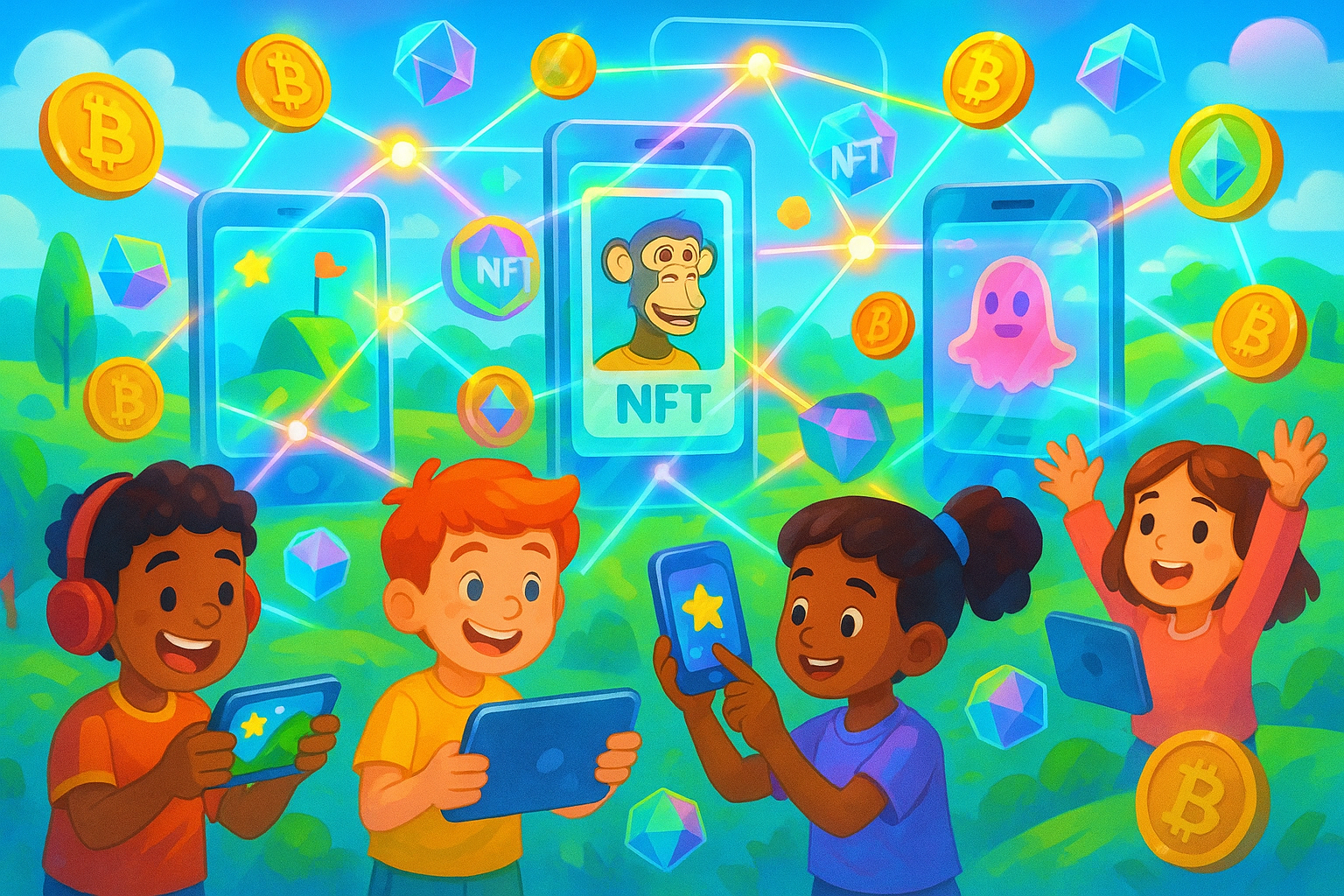 A vibrant cartoon landscape depicting various mobile devices interconnected by glowing blockchain lines, with diverse characters playing games and digital coins and NFTs floating around, all rendered with a glassmorphism overlay.